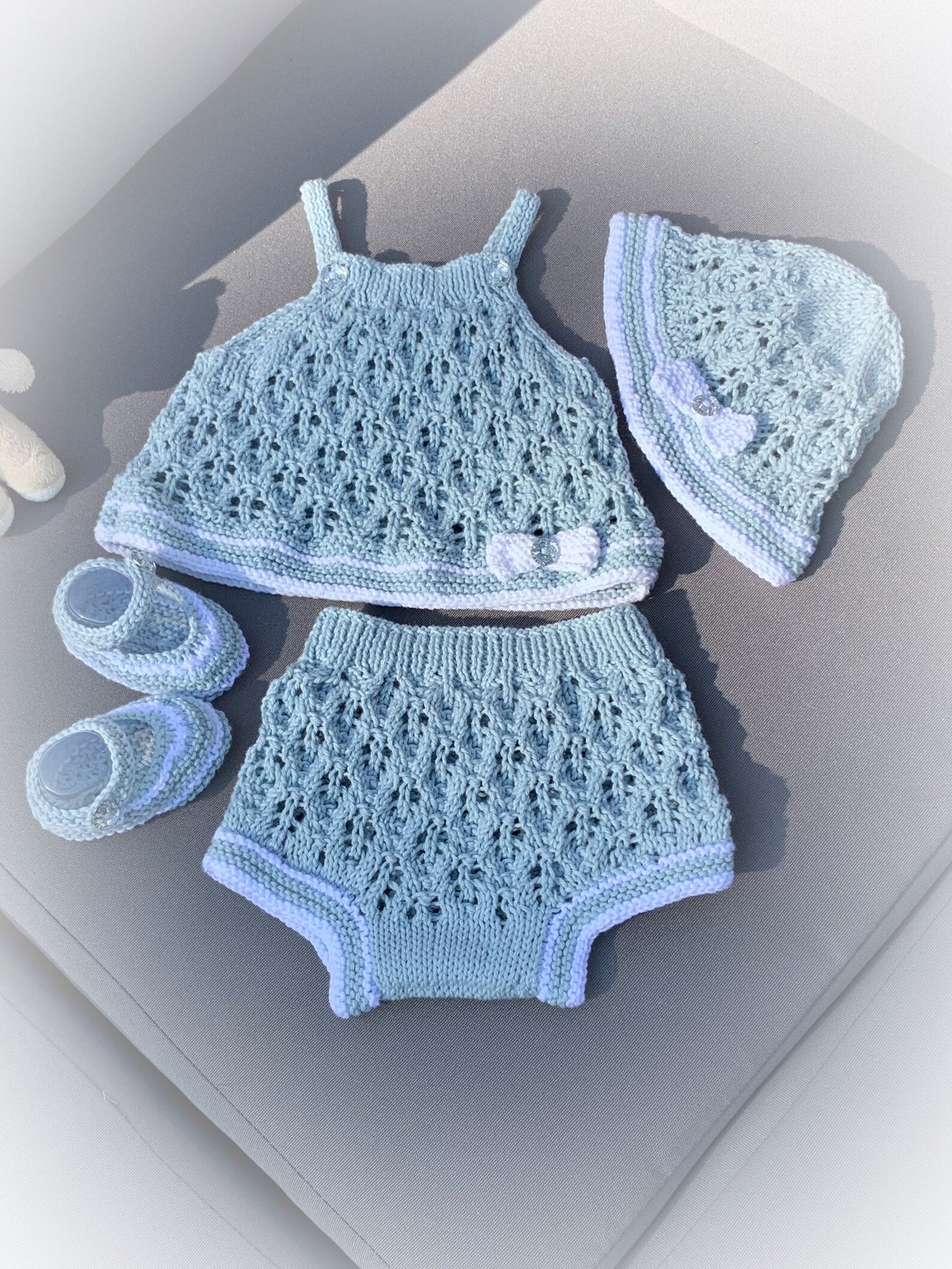 "Olive” 4 Piece Set Knitting pattern for Reborn doll 16-22” or 0-3 Month Old Baby