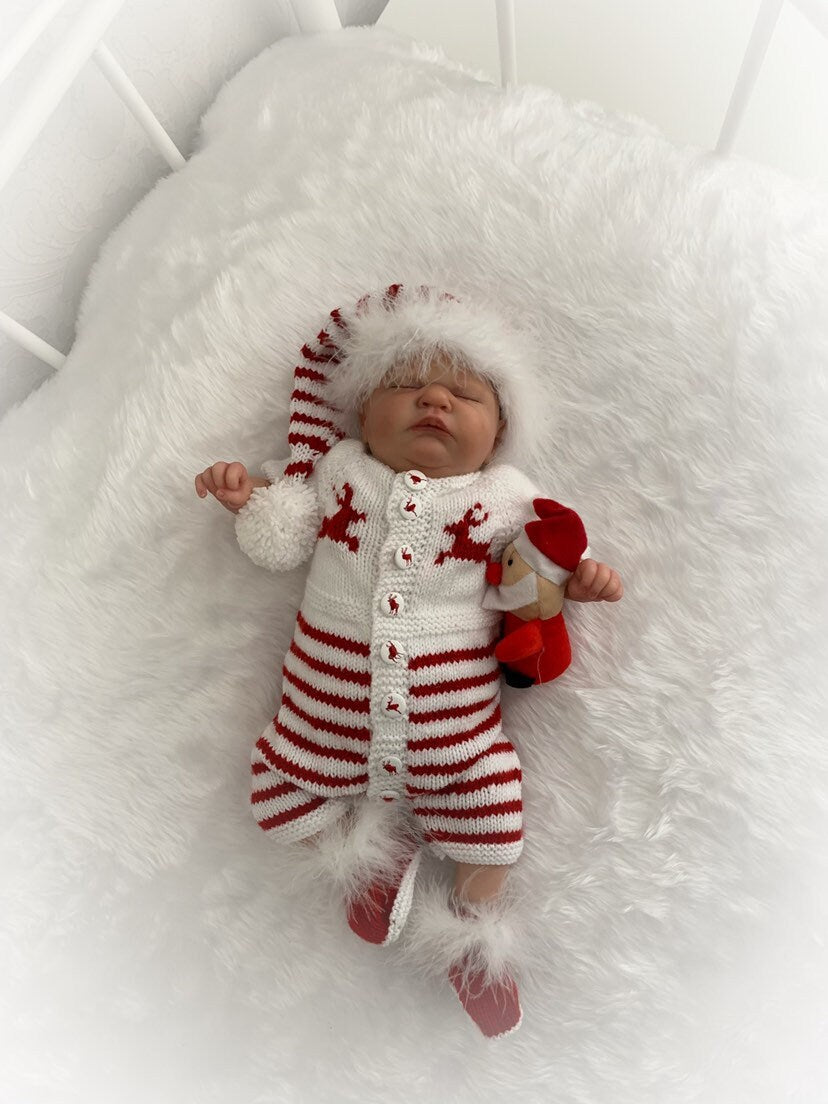 "Mistletoe” Fur trimmed Romper Knitting pattern for Reborn doll 16 -22” or 0-3 Mth Old Baby