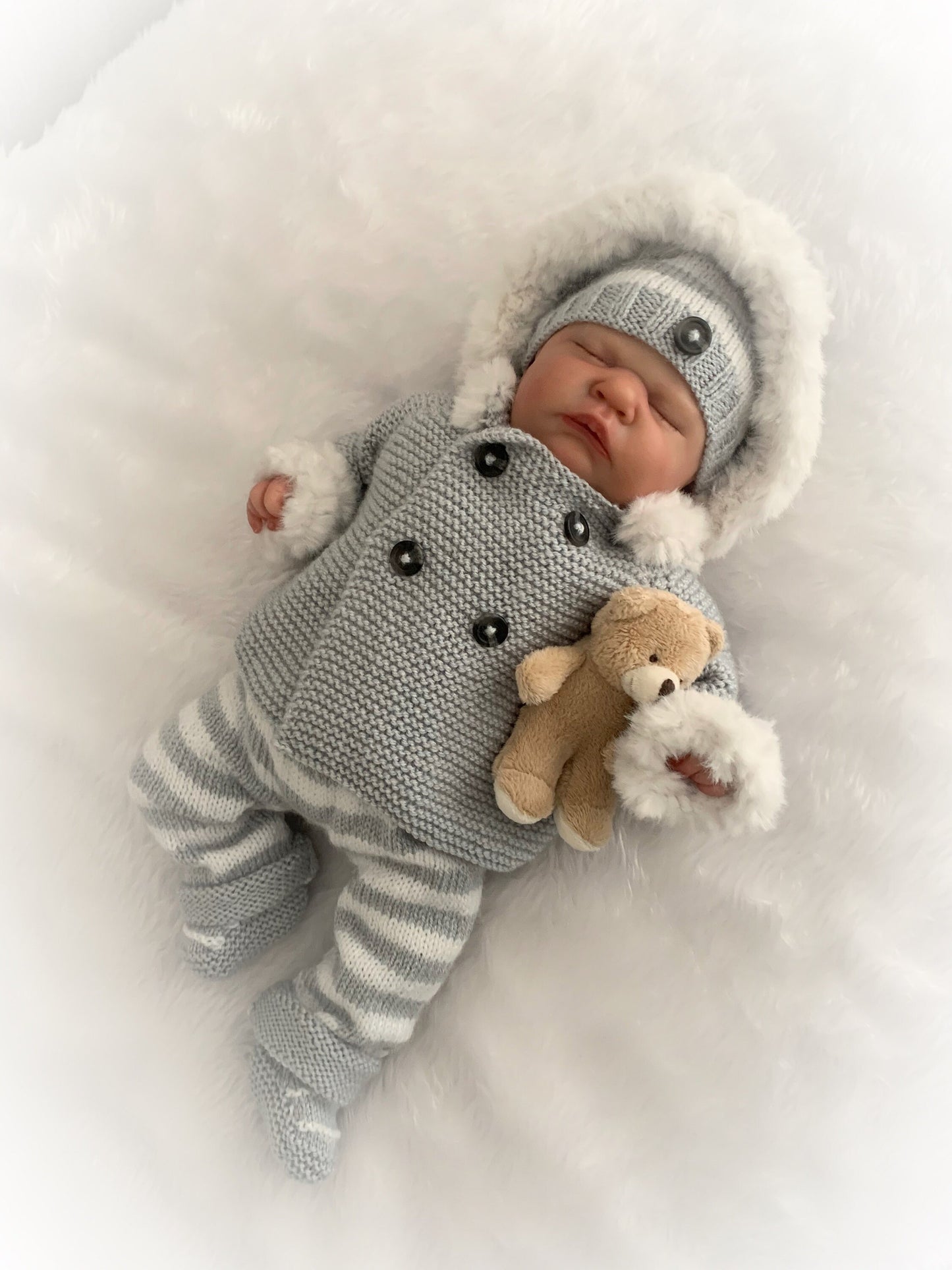 "Juniper” Fur trimmed Jacket & Pant set Knitting pattern for Reborn doll 16 -22” or 0-3 Mth Old Baby