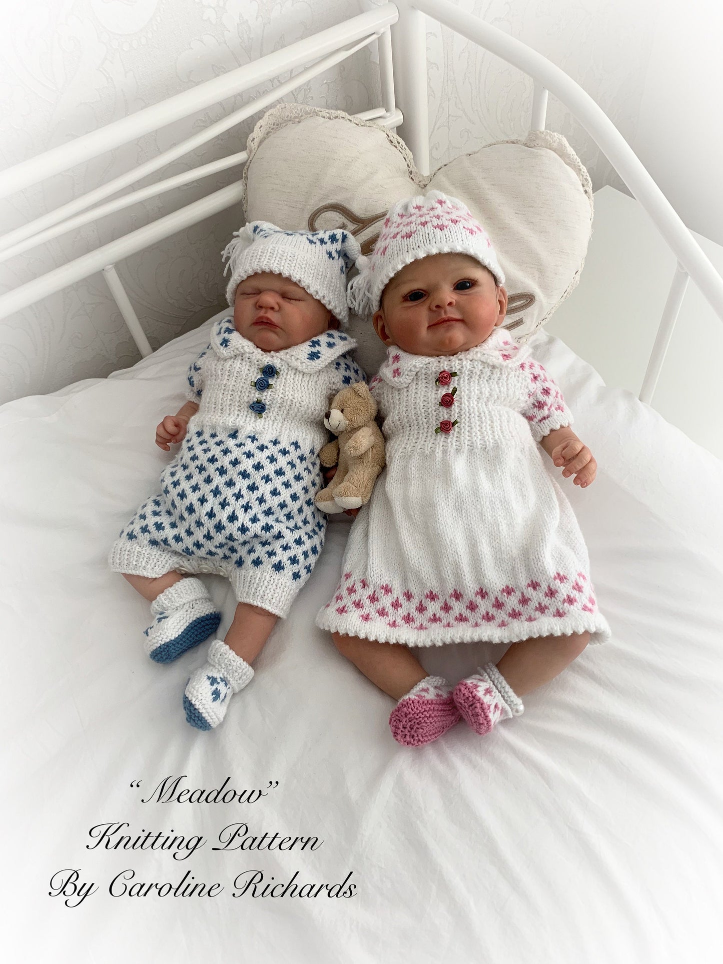 "Meadow” Romper and Dress set Knitting pattern for Reborn doll 16 -22” or 0-3 Mth Old Baby