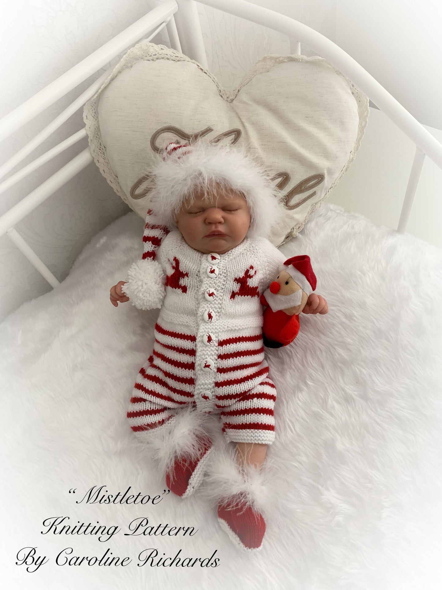 "Mistletoe” Fur trimmed Romper Knitting pattern for Reborn doll 16 -22” or 0-3 Mth Old Baby