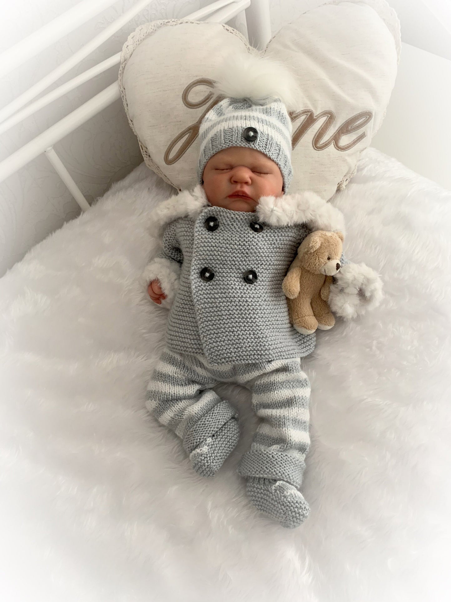 "Juniper” Fur trimmed Jacket & Pant set Knitting pattern for Reborn doll 16 -22” or 0-3 Mth Old Baby