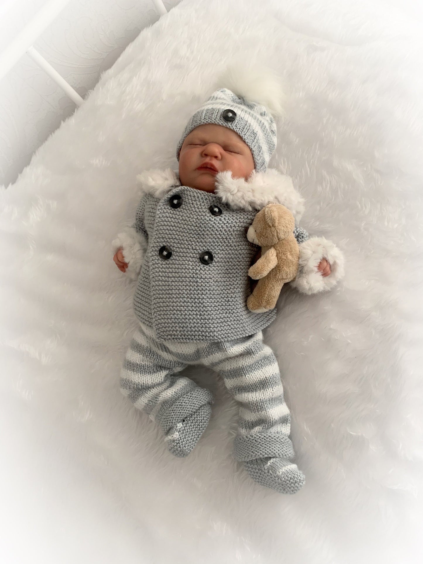 "Juniper” Fur trimmed Jacket & Pant set Knitting pattern for Reborn doll 16 -22” or 0-3 Mth Old Baby