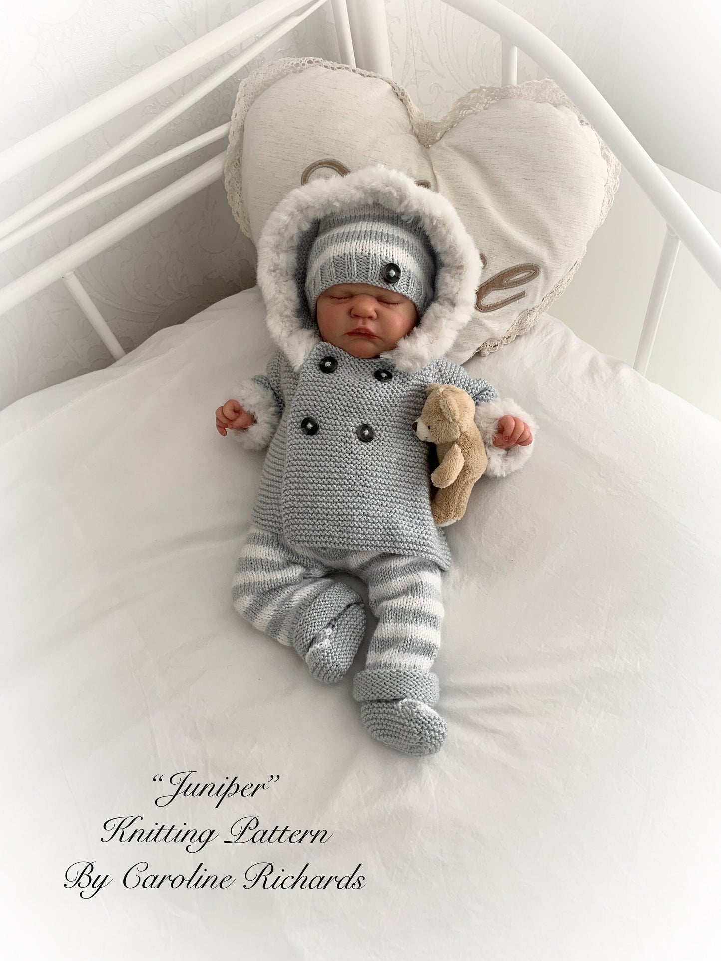 "Juniper” Fur trimmed Jacket & Pant set Knitting pattern for Reborn doll 16 -22” or 0-3 Mth Old Baby