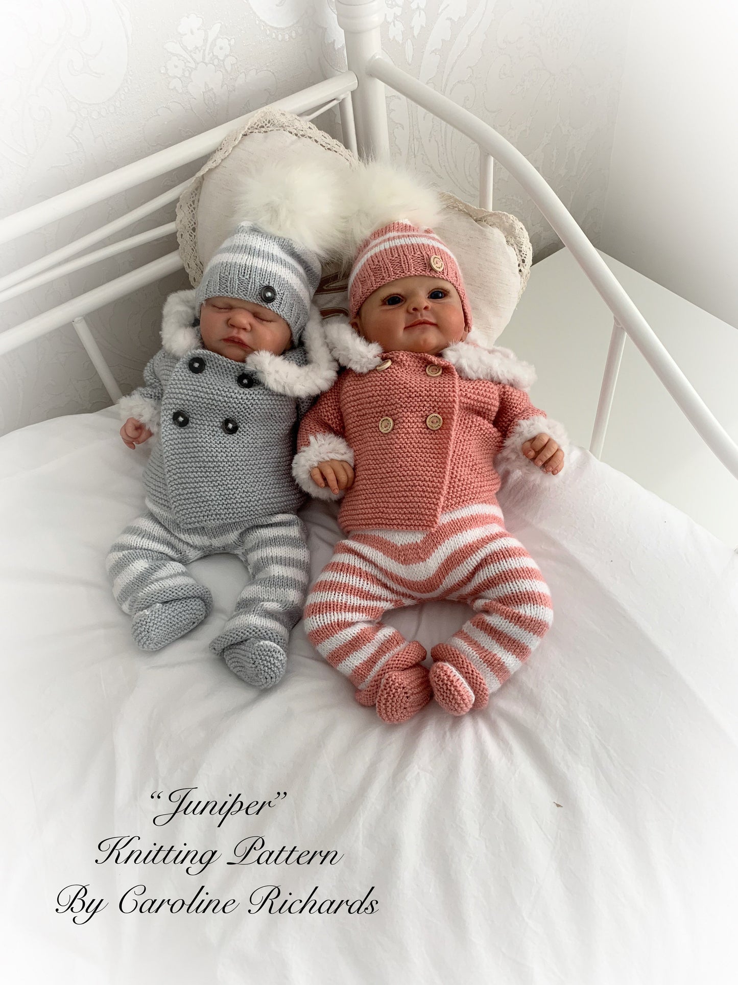 "Juniper” Fur trimmed Jacket & Pant set Knitting pattern for Reborn doll 16 -22” or 0-3 Mth Old Baby