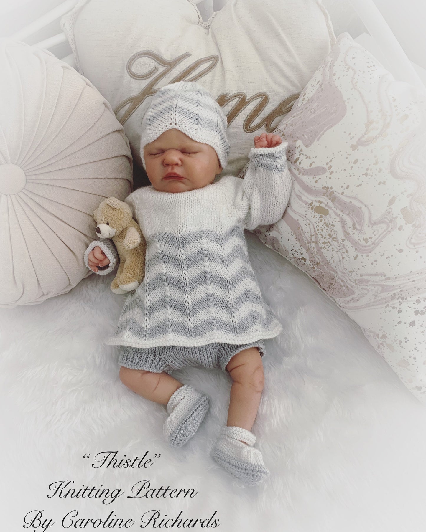 "Thistle” Top / Cardigan 4 piece set Knitting pattern for Reborn doll 16 -22” or 0-3 Mth Old Baby