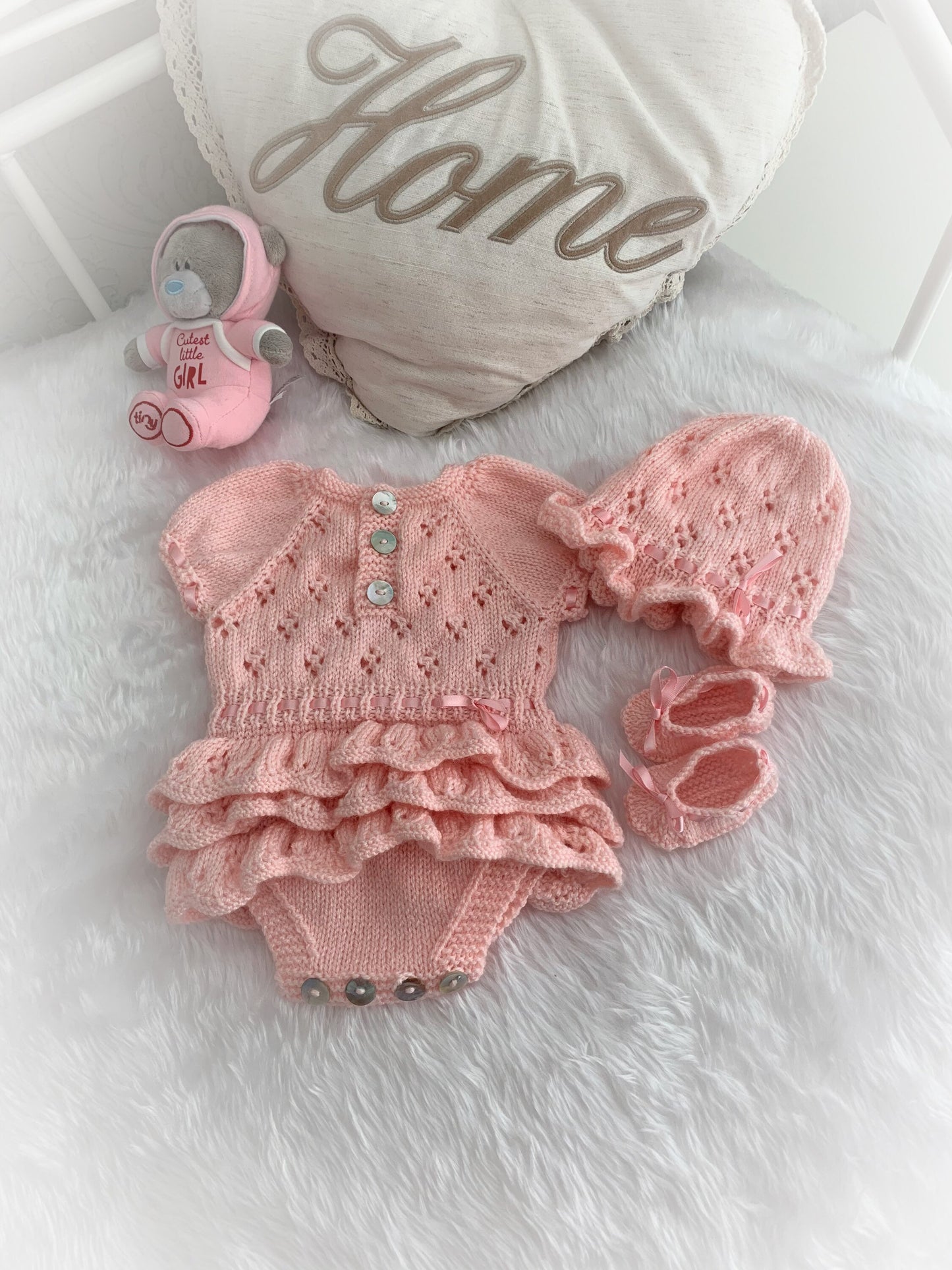 "Bouquet” Rah-Rah romper Knitting pattern for Reborn doll 16 -22” or 0-3 Mth Old Baby