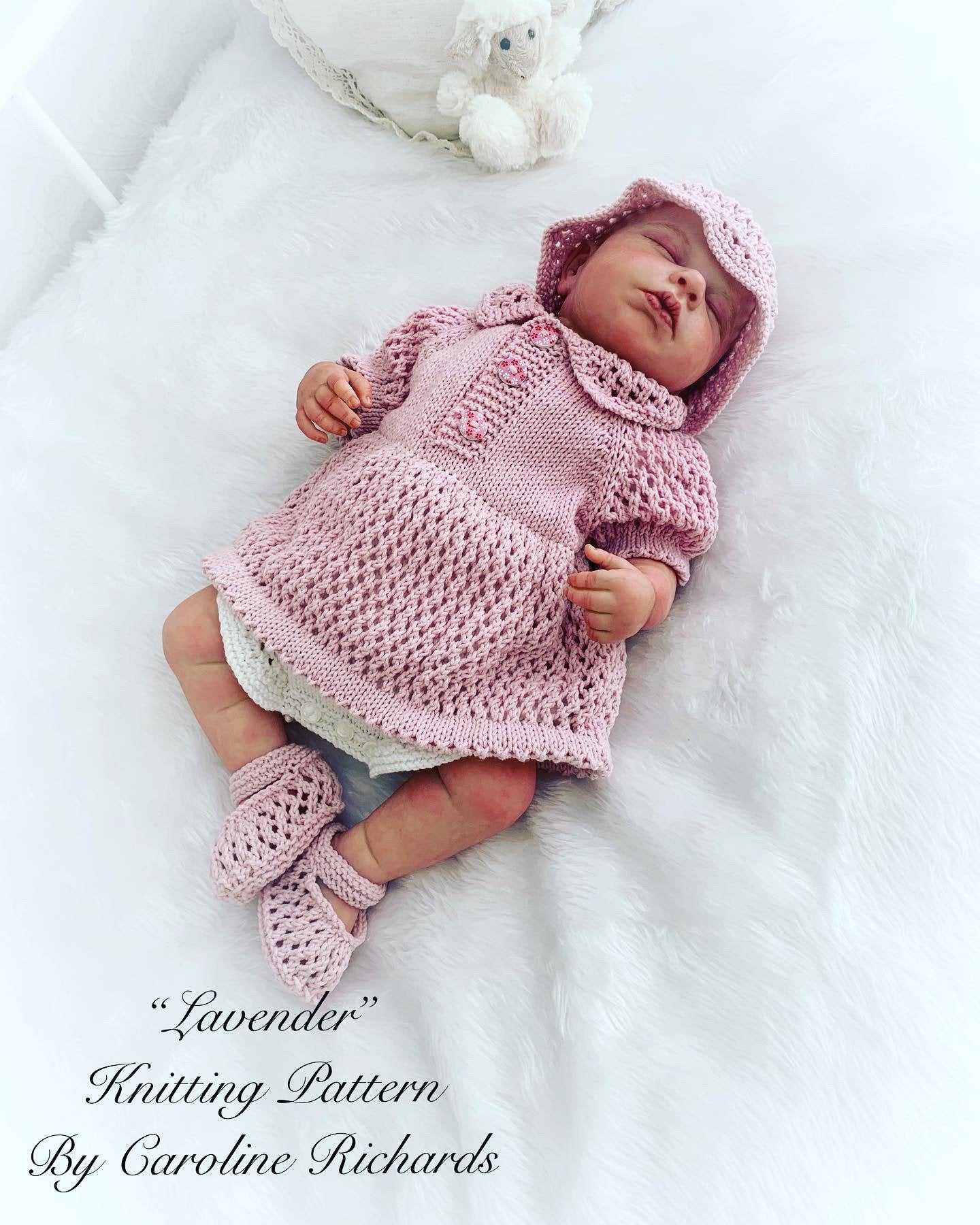 "Lavender” All-in-one dress Knitting pattern for Reborn doll 16 -22” or 0-3 Mth Old Baby