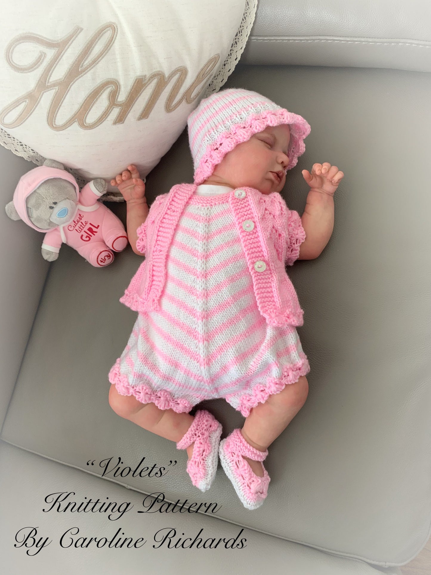 "Violets” 4 Piece Set Knitting pattern for Reborn doll 18-22” or 0-3 Mth Old Baby