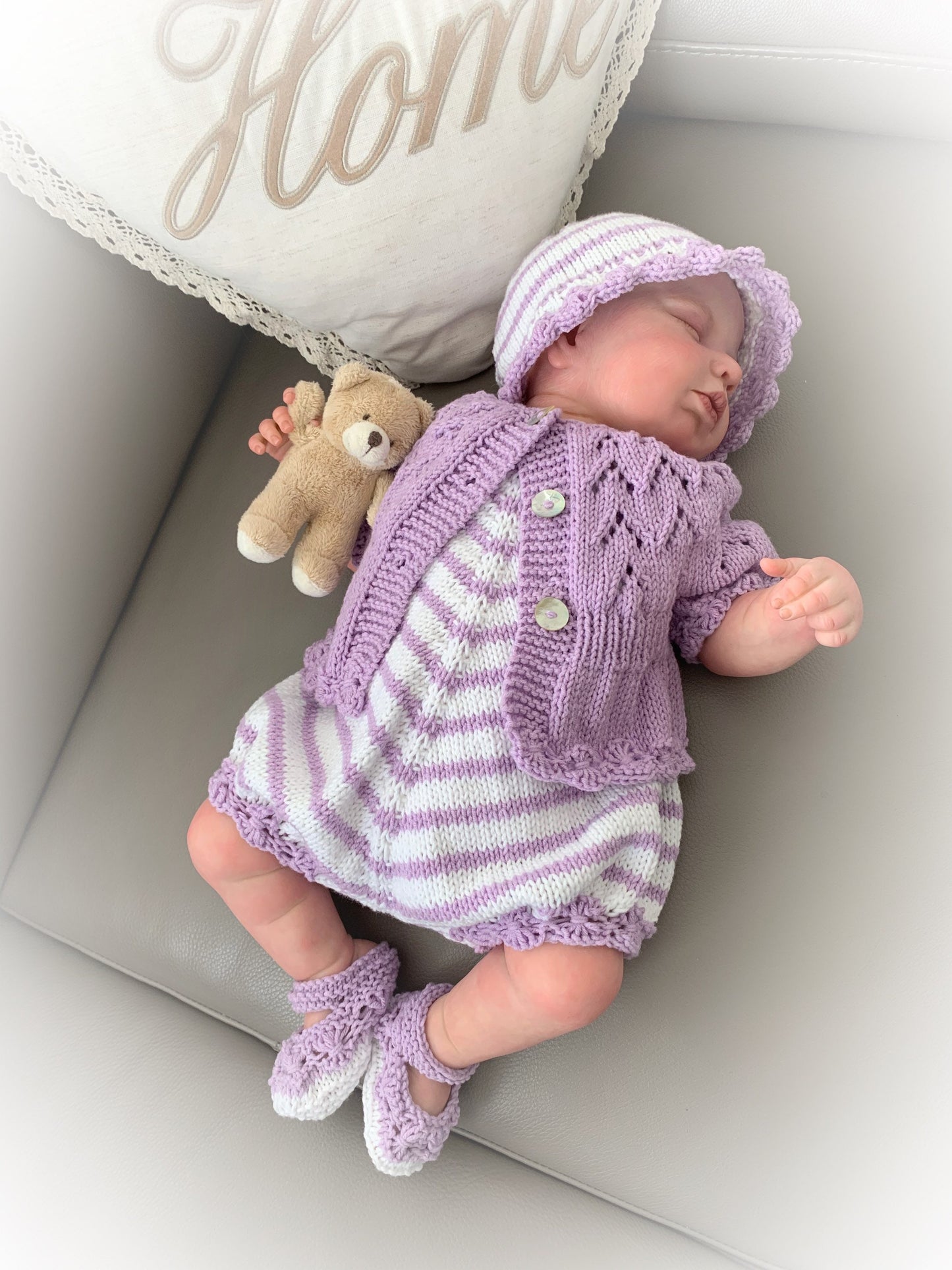 "Violets” 4 Piece Set Knitting pattern for Reborn doll 18-22” or 0-3 Mth Old Baby