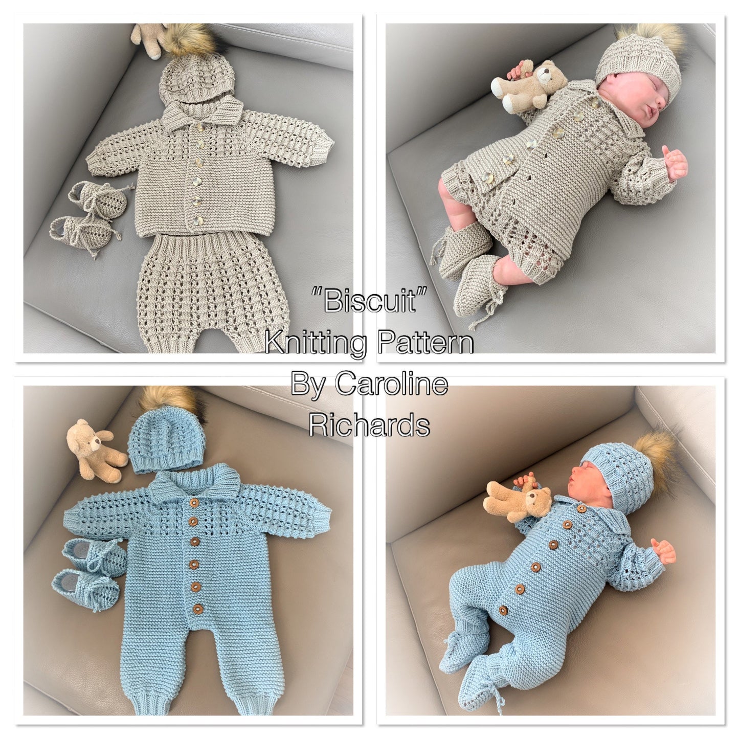 "Biscuit” Multi-piece Knitting pattern for Reborn doll 16 -22” or 0-3 Month Old Baby