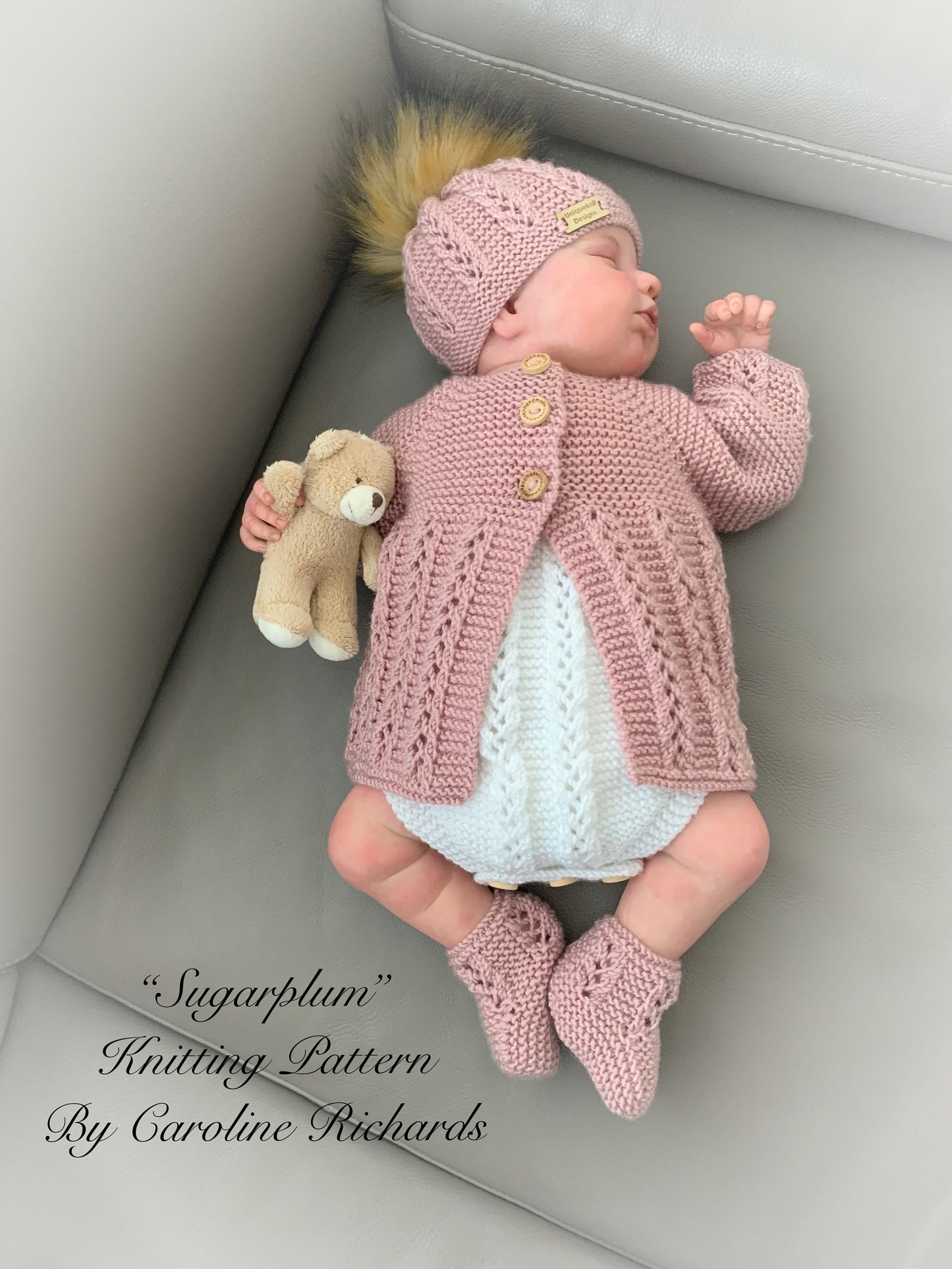 "Sugarplum” 4 piece set knitting pattern sizes from premature to 24 Months