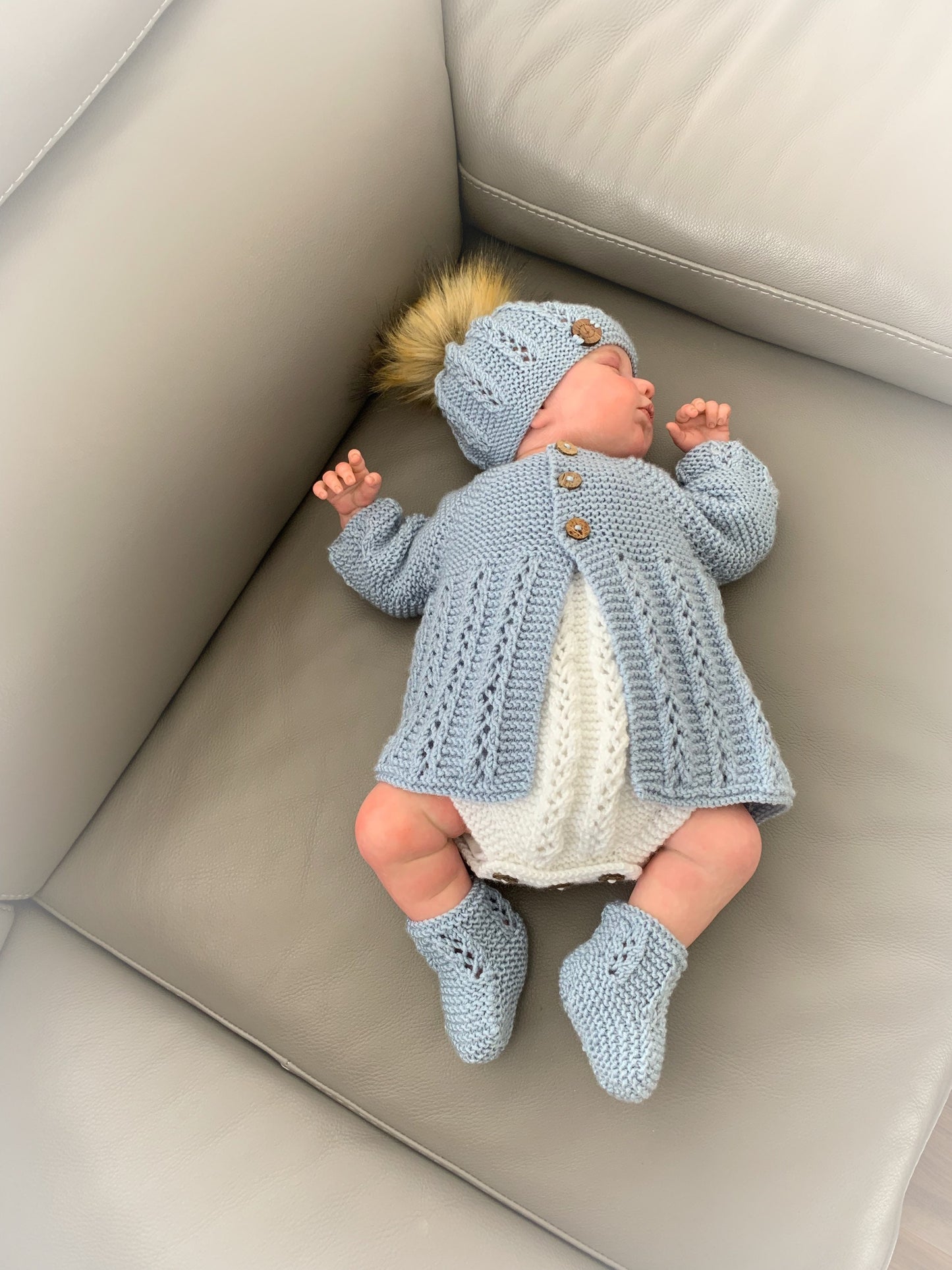 "Sugarplum” 4 piece set knitting pattern sizes from premature to 24 Months