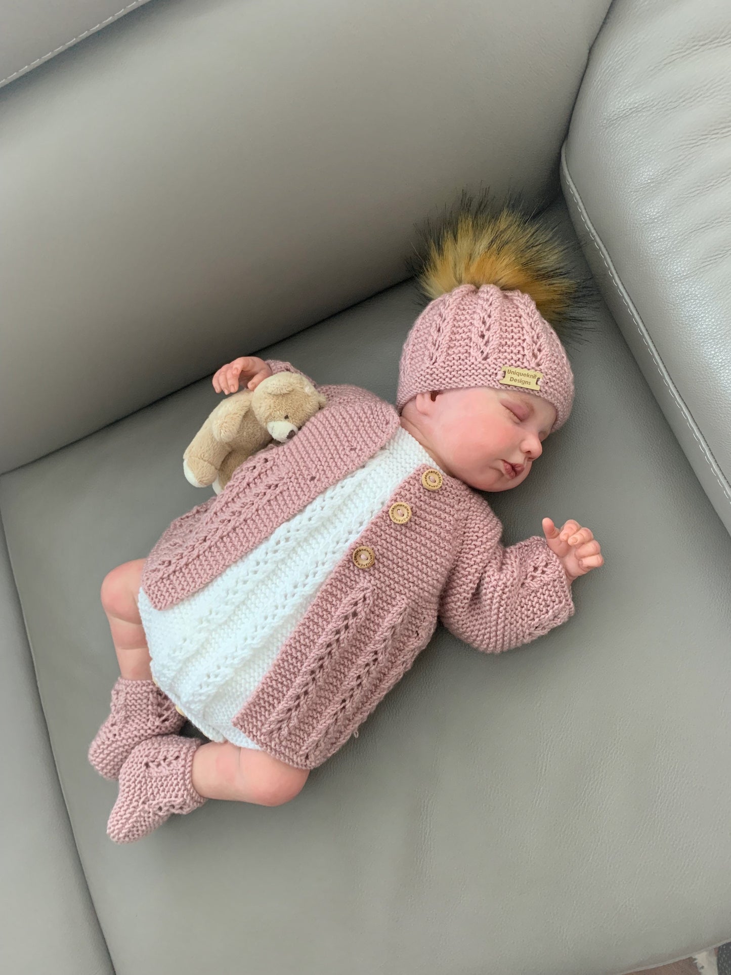 "Sugarplum” 4 piece set knitting pattern sizes from premature to 24 Months