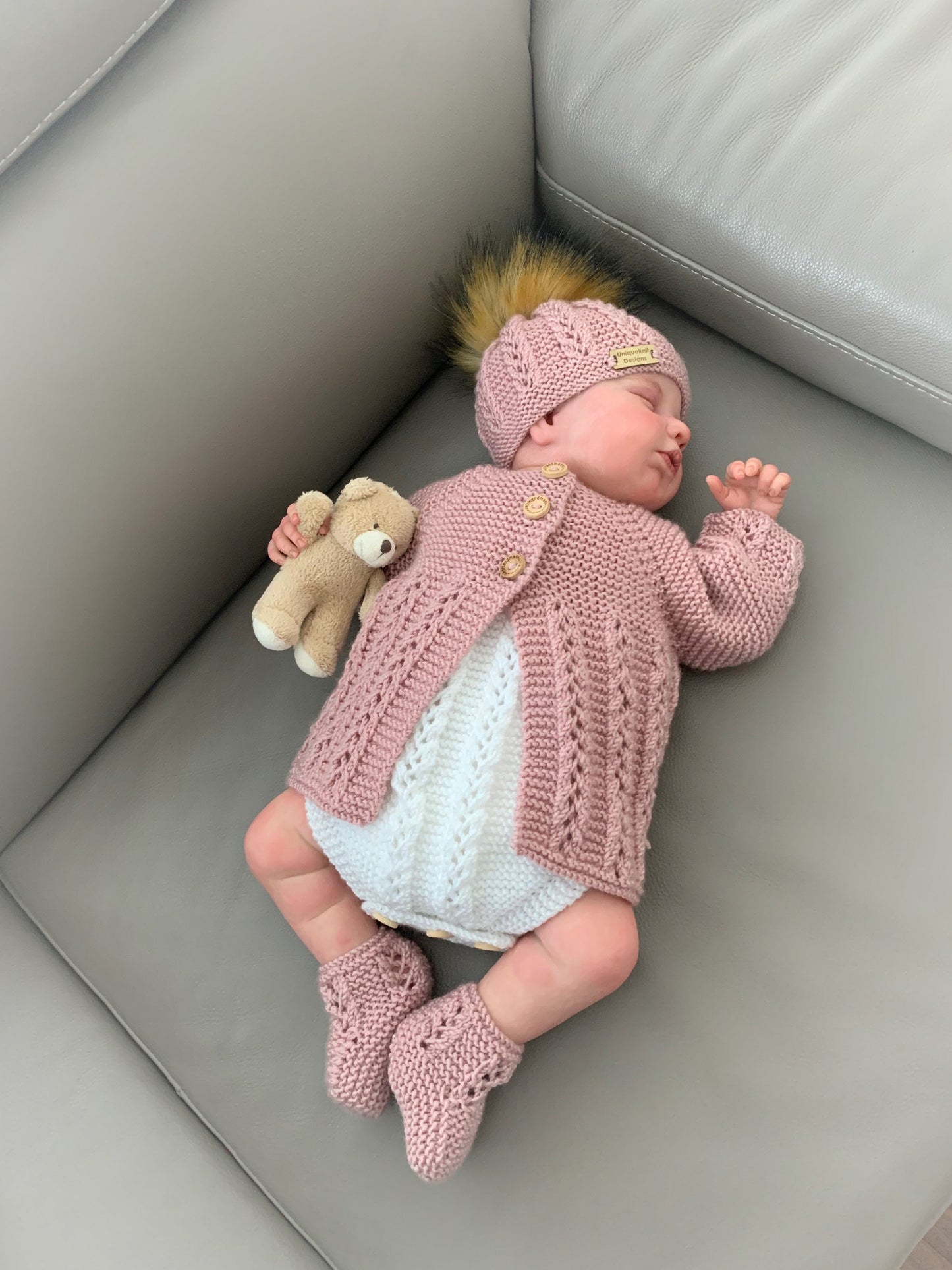 "Sugarplum” 4 piece set knitting pattern sizes from premature to 24 Months