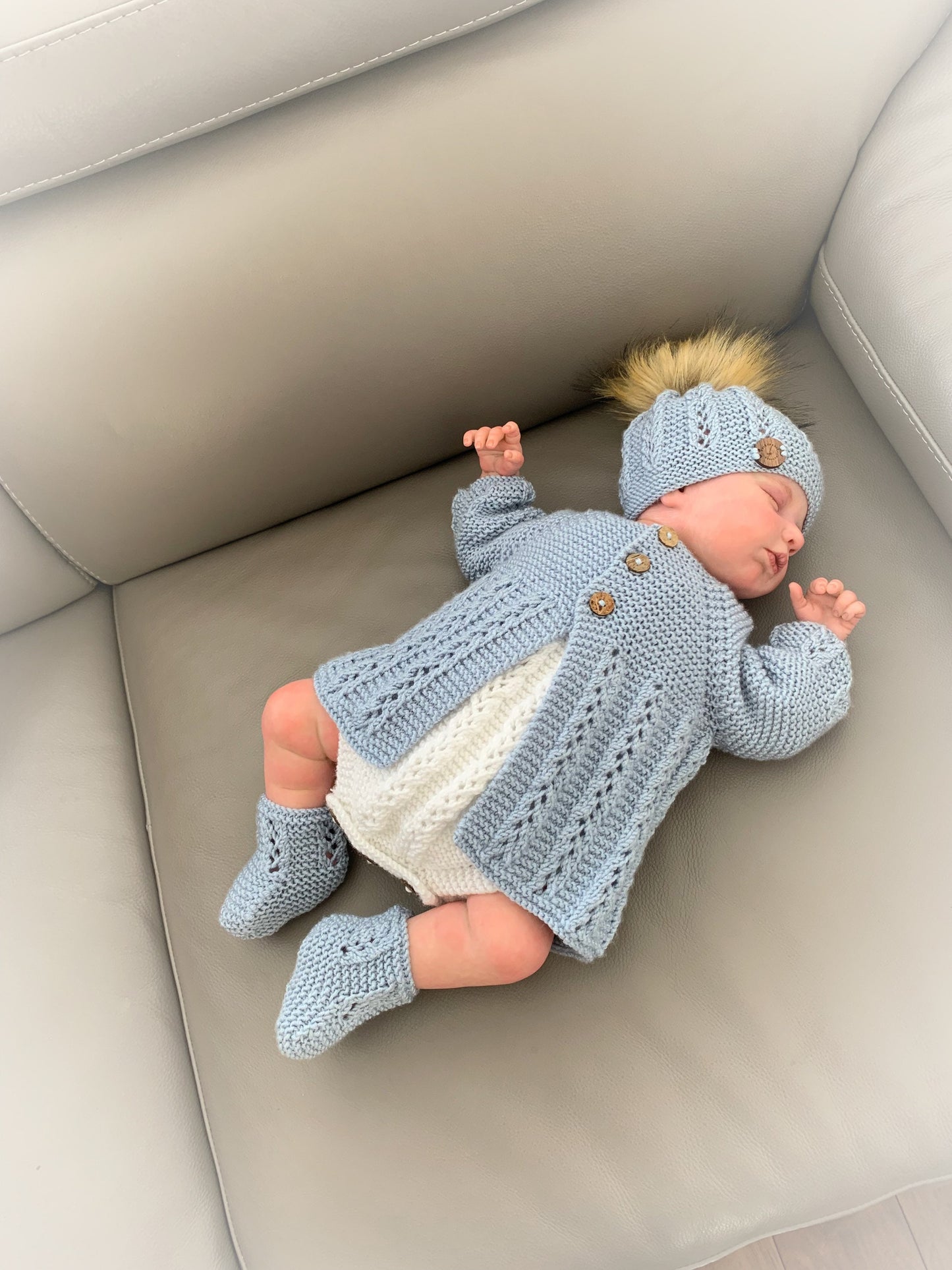 "Sugarplum” 4 piece set knitting pattern sizes from premature to 24 Months