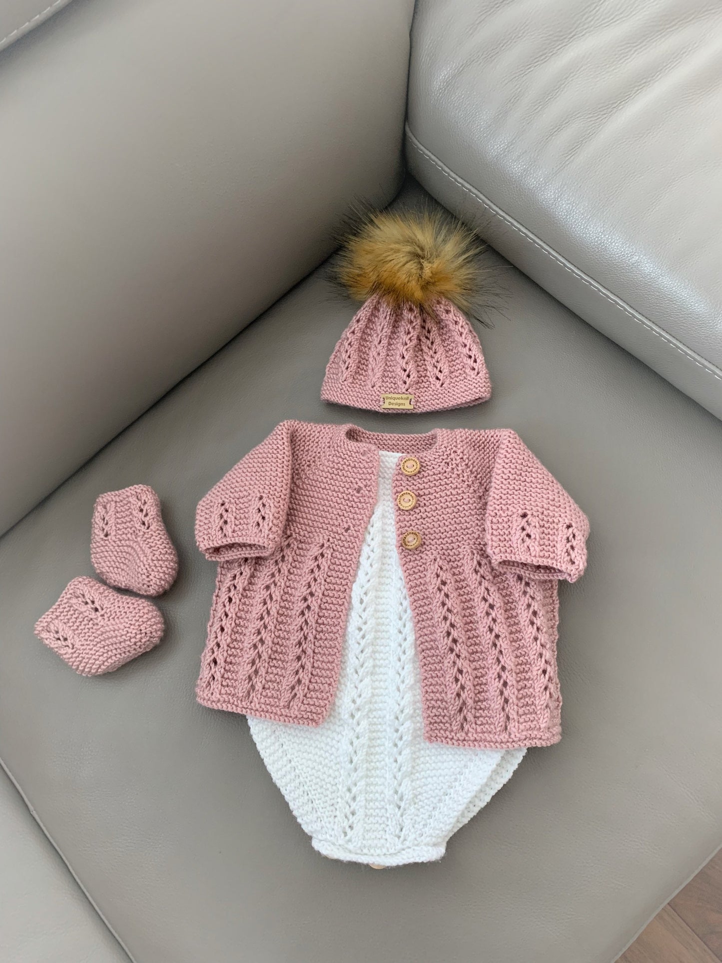 "Sugarplum” 4 piece set knitting pattern sizes from premature to 24 Months