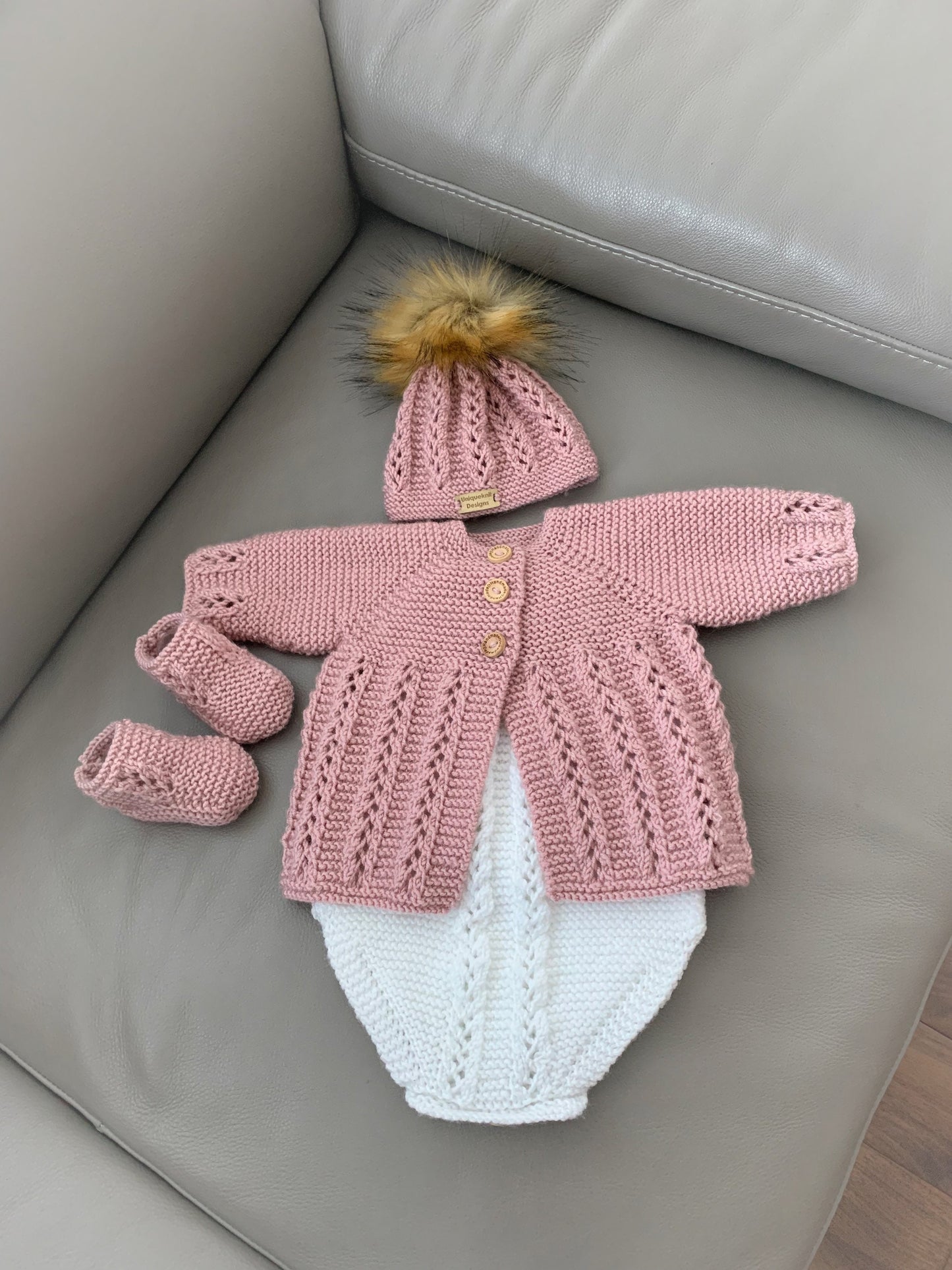 "Sugarplum” 4 piece set knitting pattern sizes from premature to 24 Months