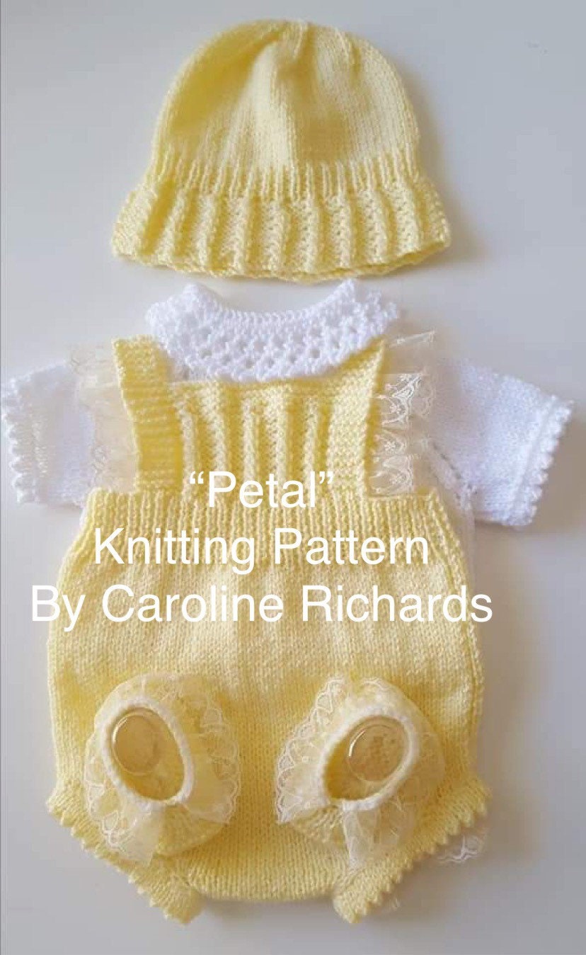 "Petal” Romper / Dungaree 4 piece set Knitting pattern for Reborn doll 16 -22” or 0-3 Mth Old Baby