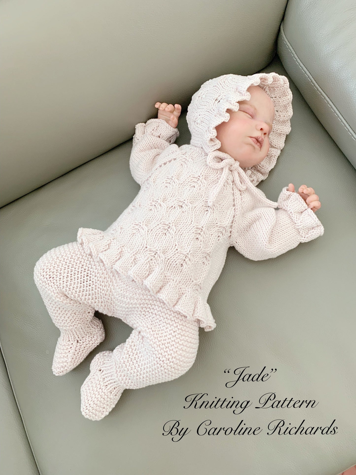 "Jade” 3 piece set knitting pattern for reborn doll 16-22" or 0-3 month old baby