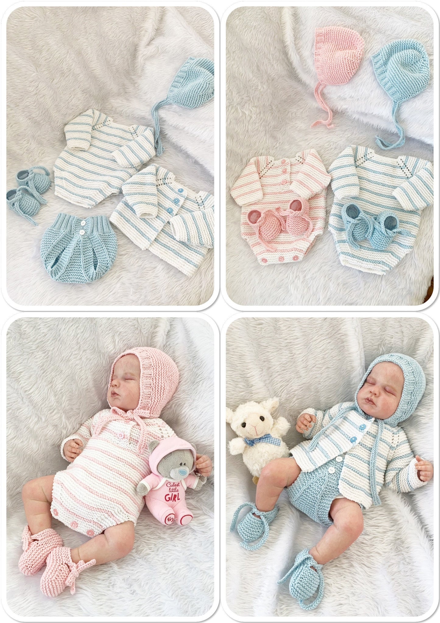 "Rose Petal” Multi-piece Knitting pattern for Reborn doll 16 -22” or 0-3 Month Old Baby