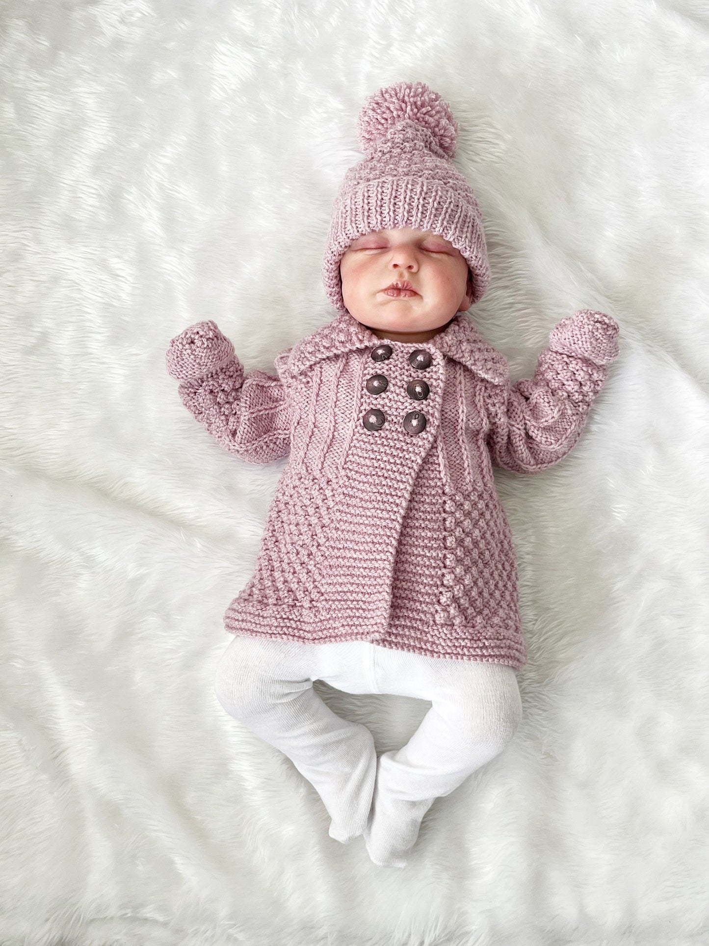 "Enchanted” 3 Piece Coat Set Knitting pattern for Reborn doll 16-22” or 0-3 Month Old Baby