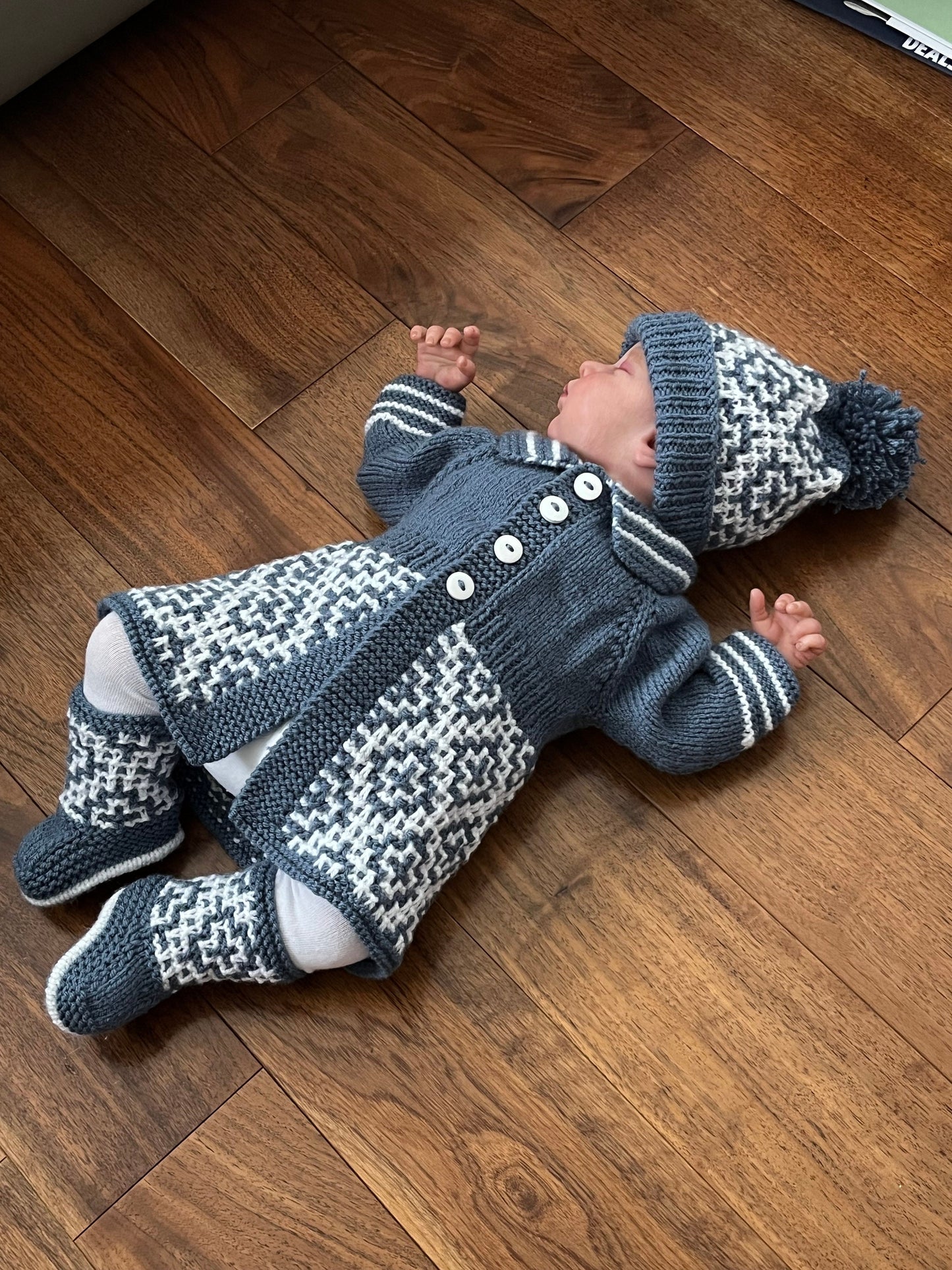 "Maze” 3 Piece Coat Set Knitting pattern for Reborn doll 16-22” or 0-3 Month Old Baby