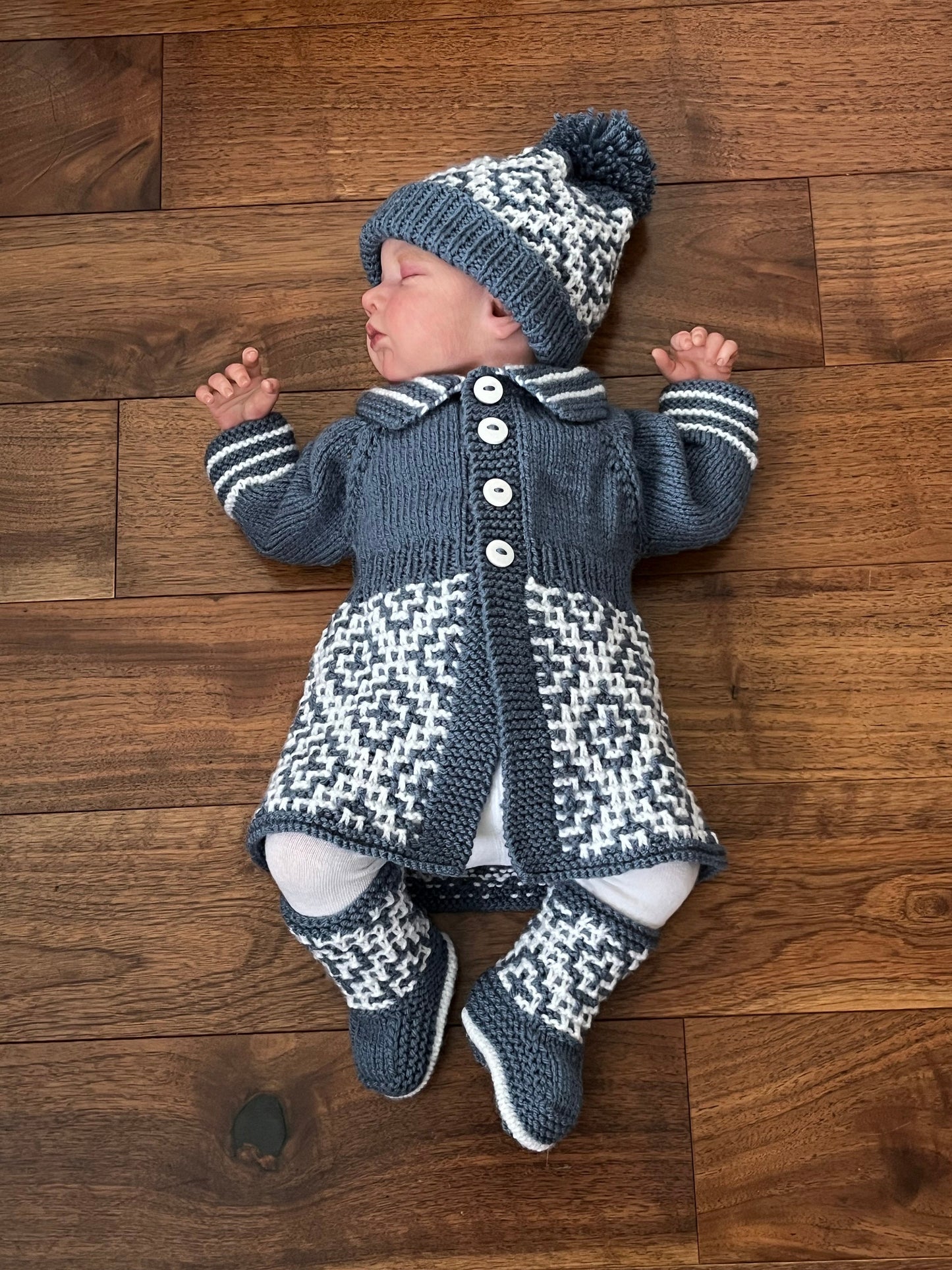 "Maze” 3 Piece Coat Set Knitting pattern for Reborn doll 16-22” or 0-3 Month Old Baby