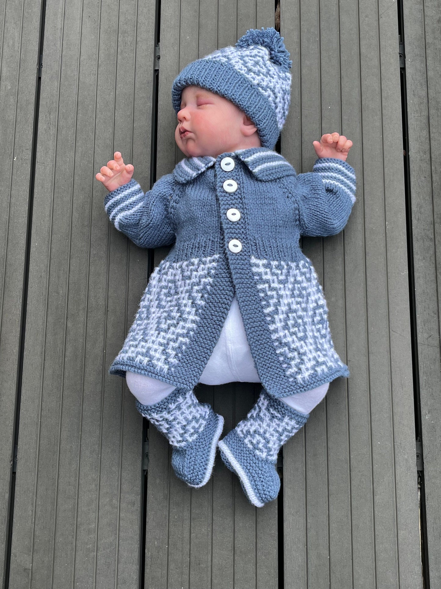 "Maze” 3 Piece Coat Set Knitting pattern for Reborn doll 16-22” or 0-3 Month Old Baby