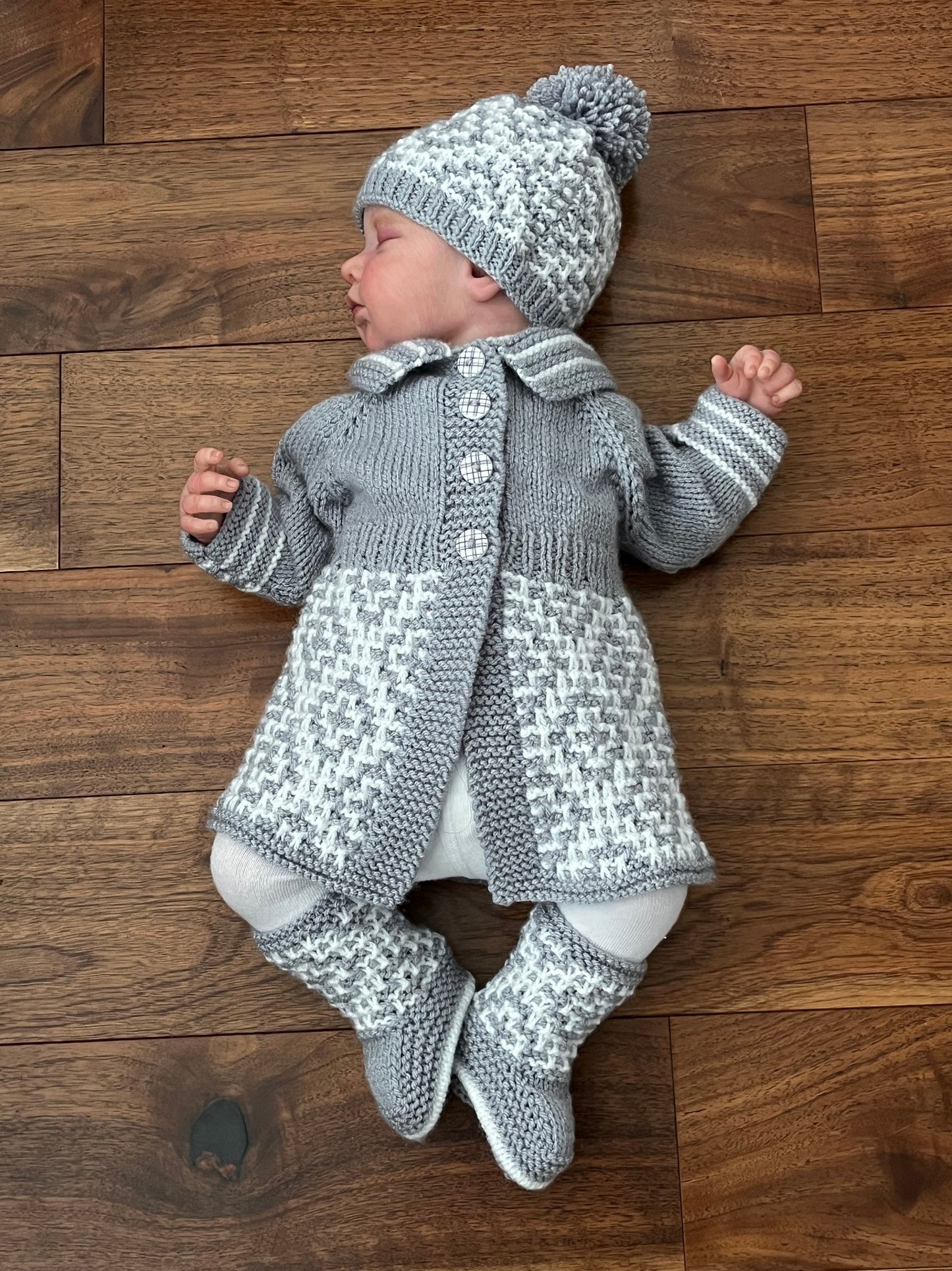 "Maze” 3 Piece Coat Set Knitting pattern for Reborn doll 16-22” or 0-3 Month Old Baby