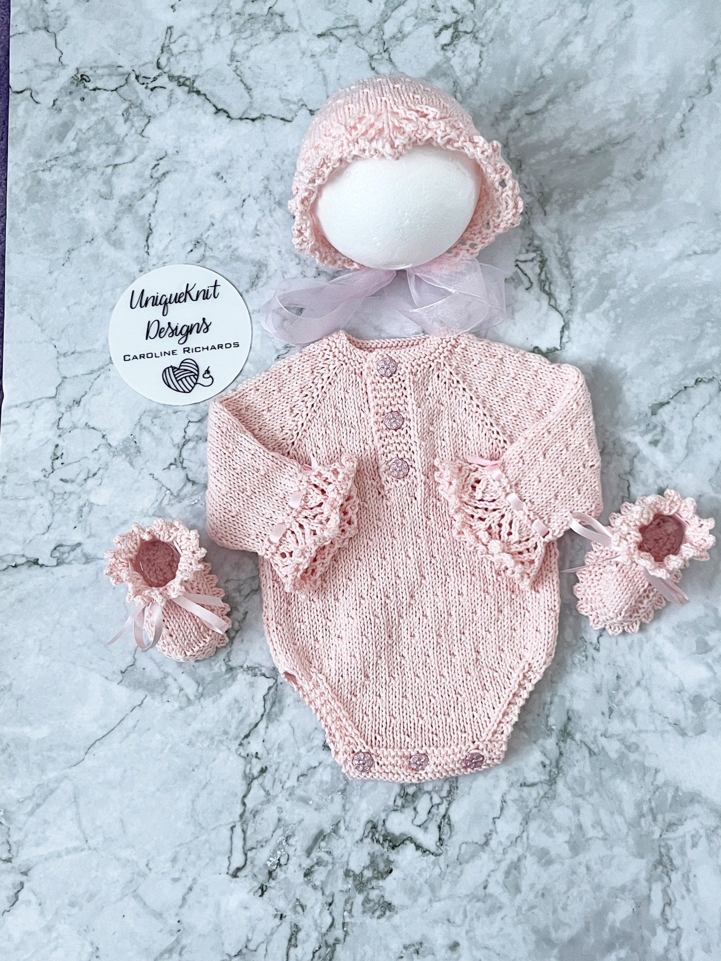 "Chelsea" Romper knitting pattern for reborn doll 16-22" or 0-3 Month old baby