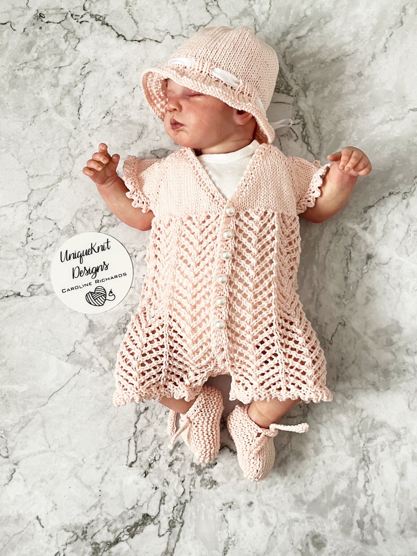 "Victoria" Playsuit knitting pattern for reborn doll 16-22" or 0-3 Month old baby