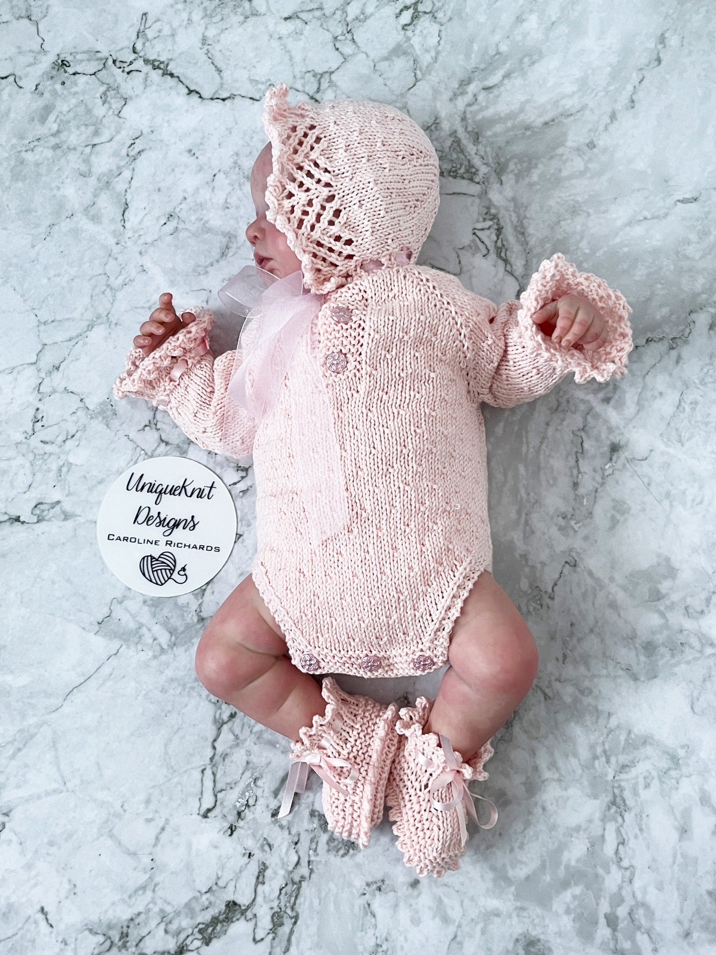"Chelsea" Romper knitting pattern for reborn doll 16-22" or 0-3 Month old baby