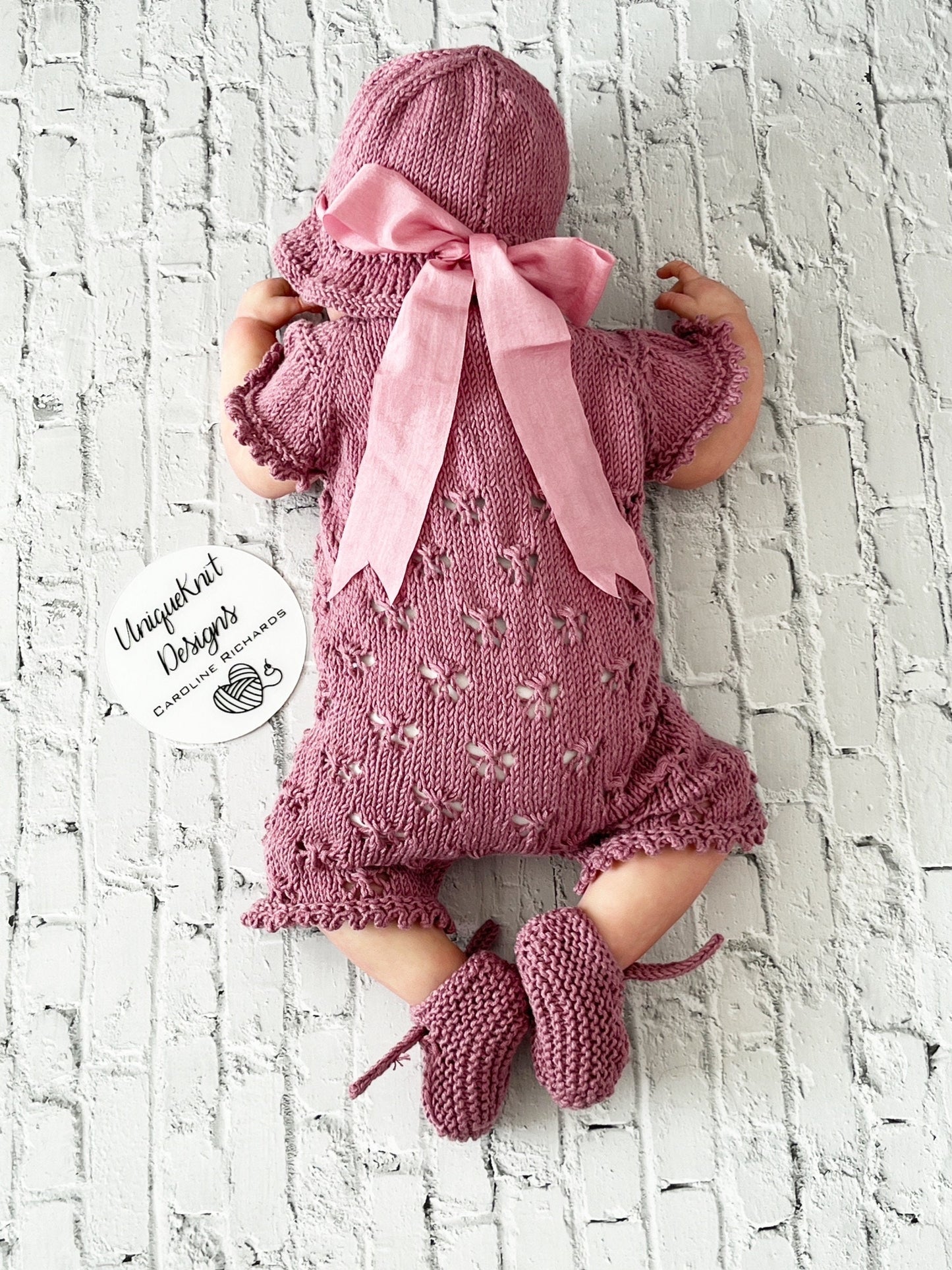 "Victoria" Playsuit knitting pattern for reborn doll 16-22" or 0-3 Month old baby