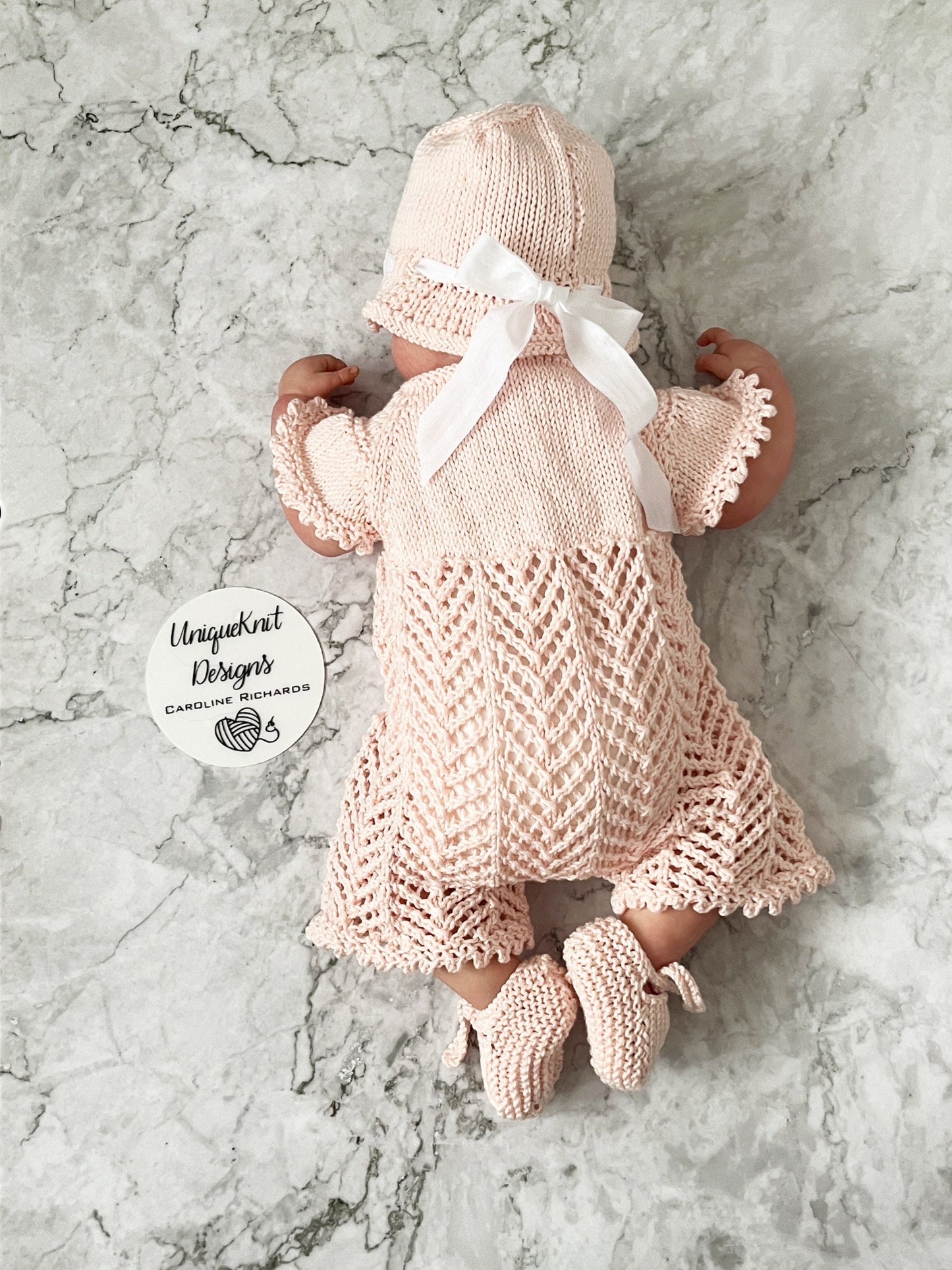 "Victoria" Playsuit knitting pattern for reborn doll 16-22" or 0-3 Month old baby