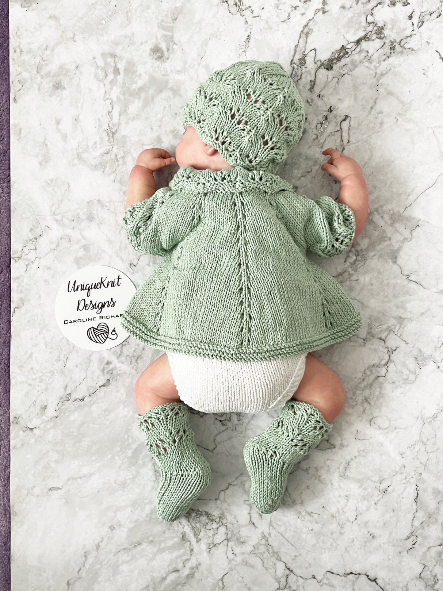 "Beatrice” Multi-piece Knitting pattern for Reborn doll 16 -22” or 0-3 Month Old Baby