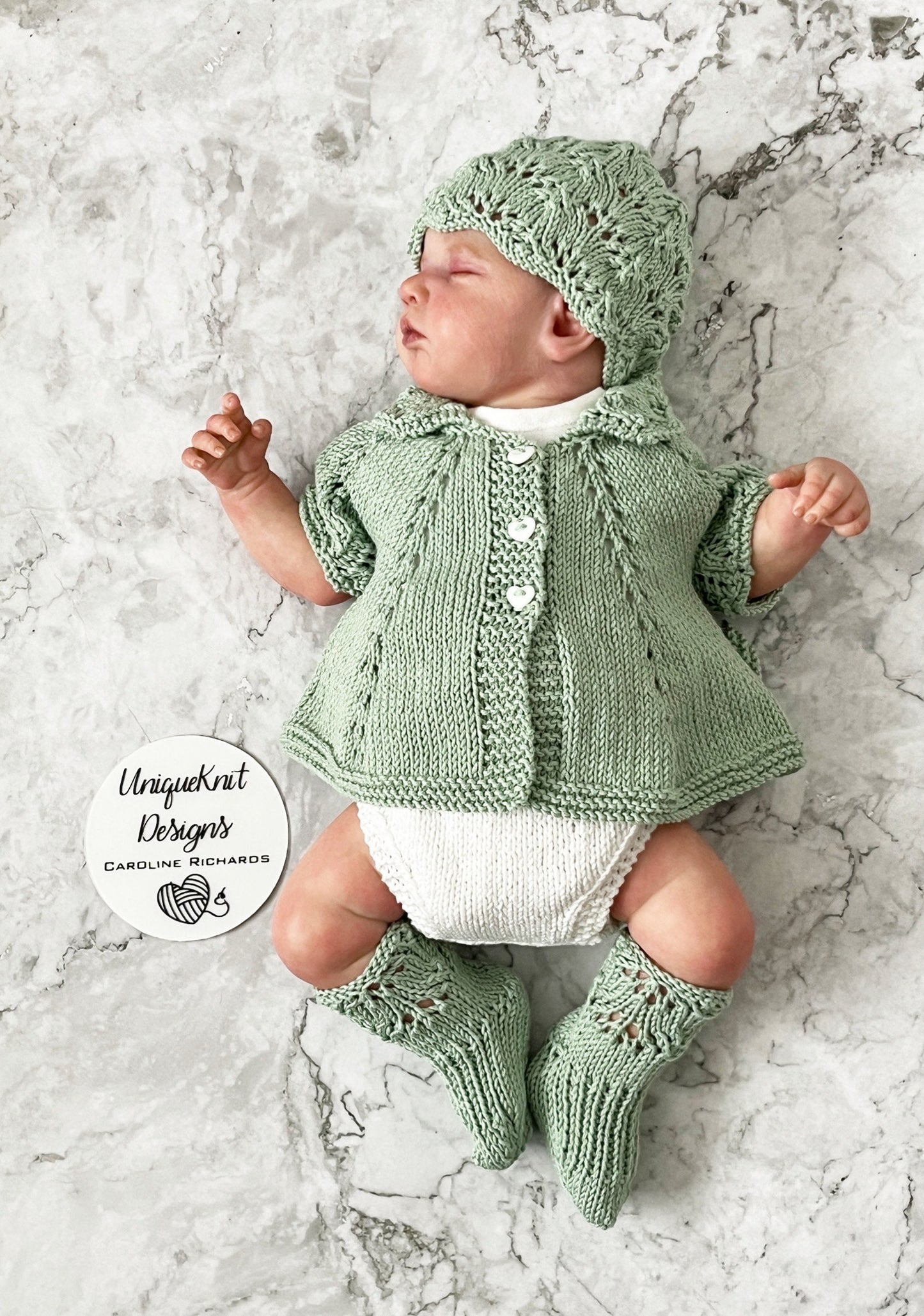"Beatrice” Multi-piece Knitting pattern for Reborn doll 16 -22” or 0-3 Month Old Baby