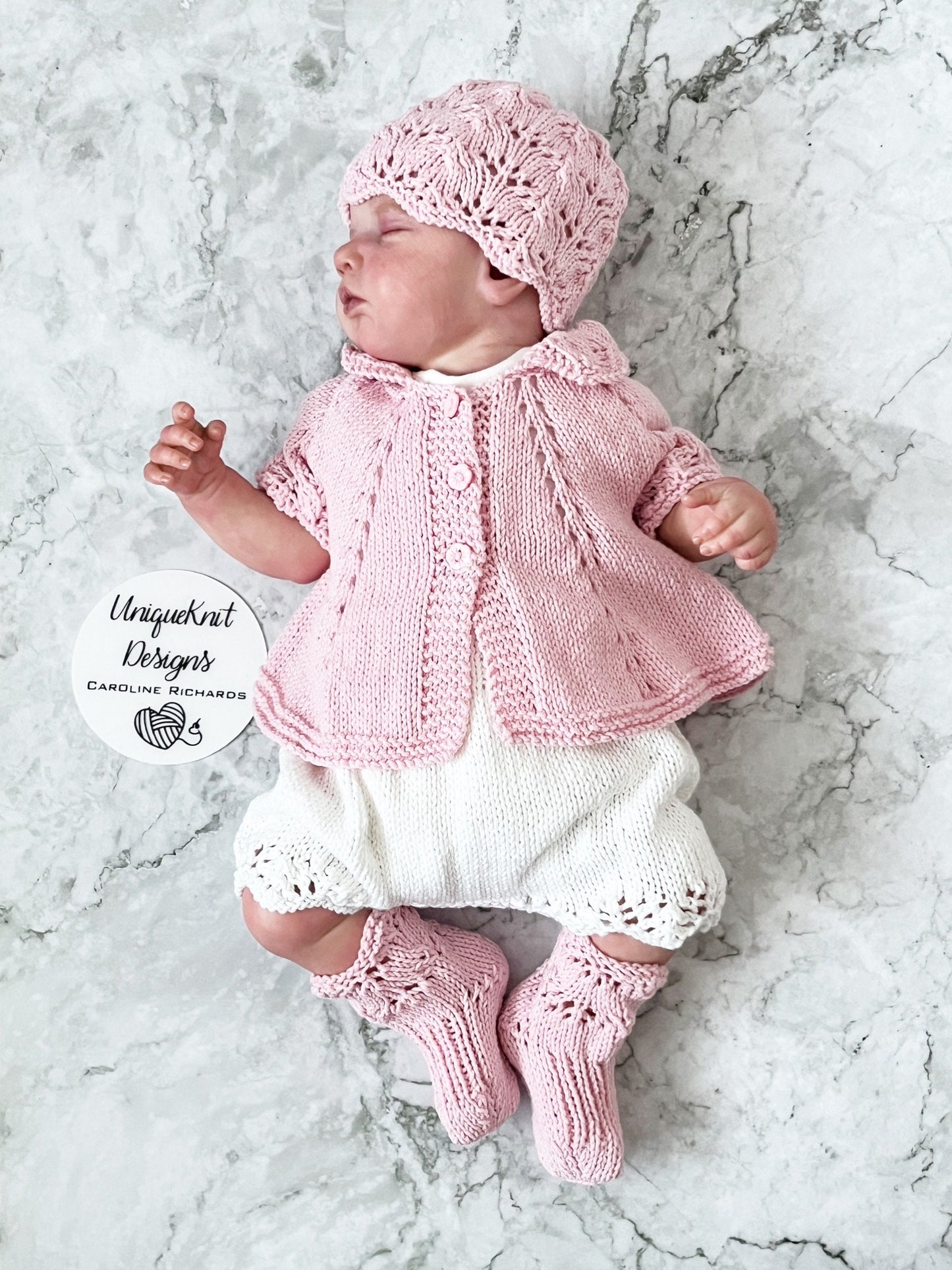 "Beatrice” Multi-piece Knitting pattern for Reborn doll 16 -22” or 0-3 Month Old Baby