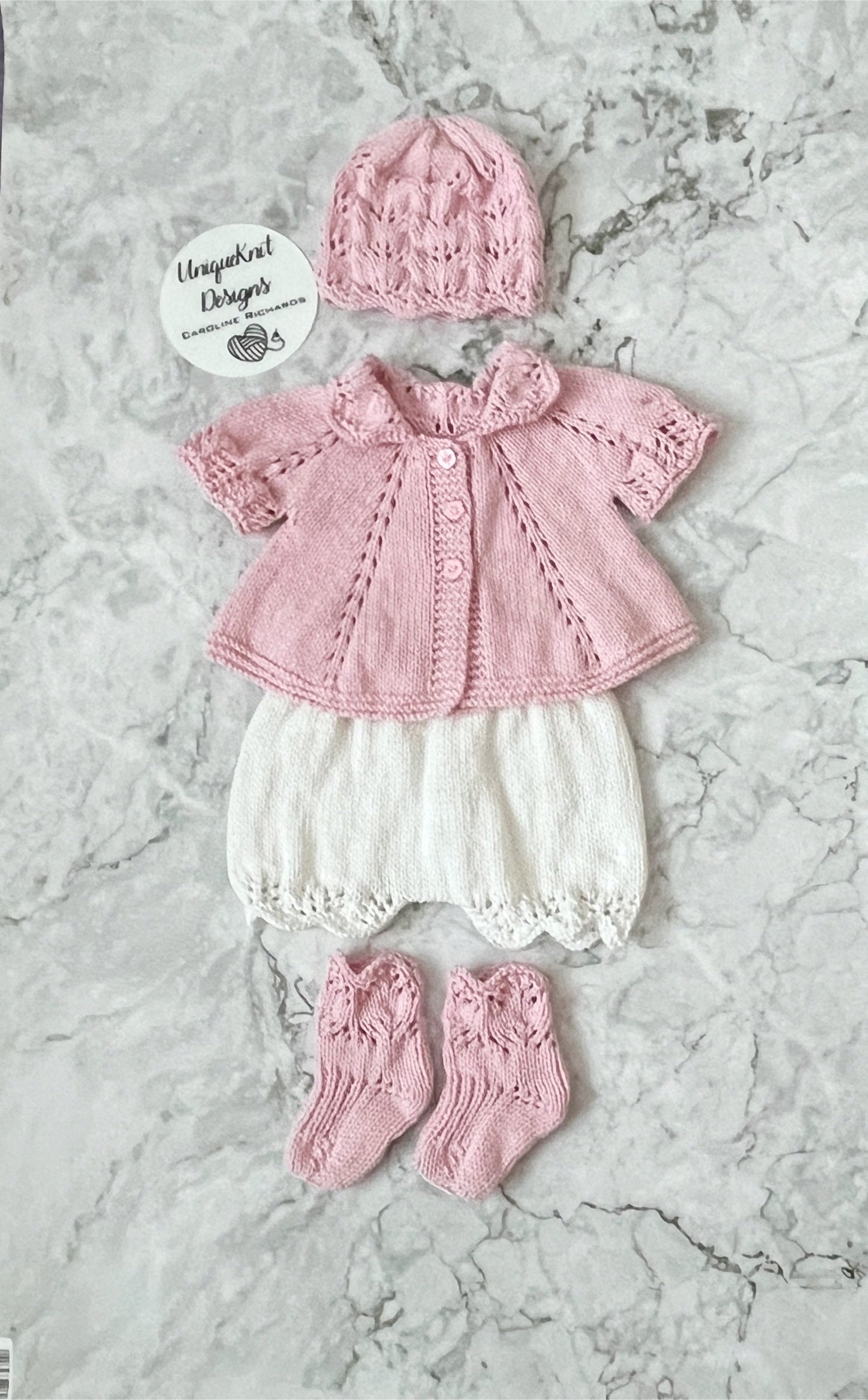 "Beatrice” Multi-piece Knitting pattern for Reborn doll 16 -22” or 0-3 Month Old Baby