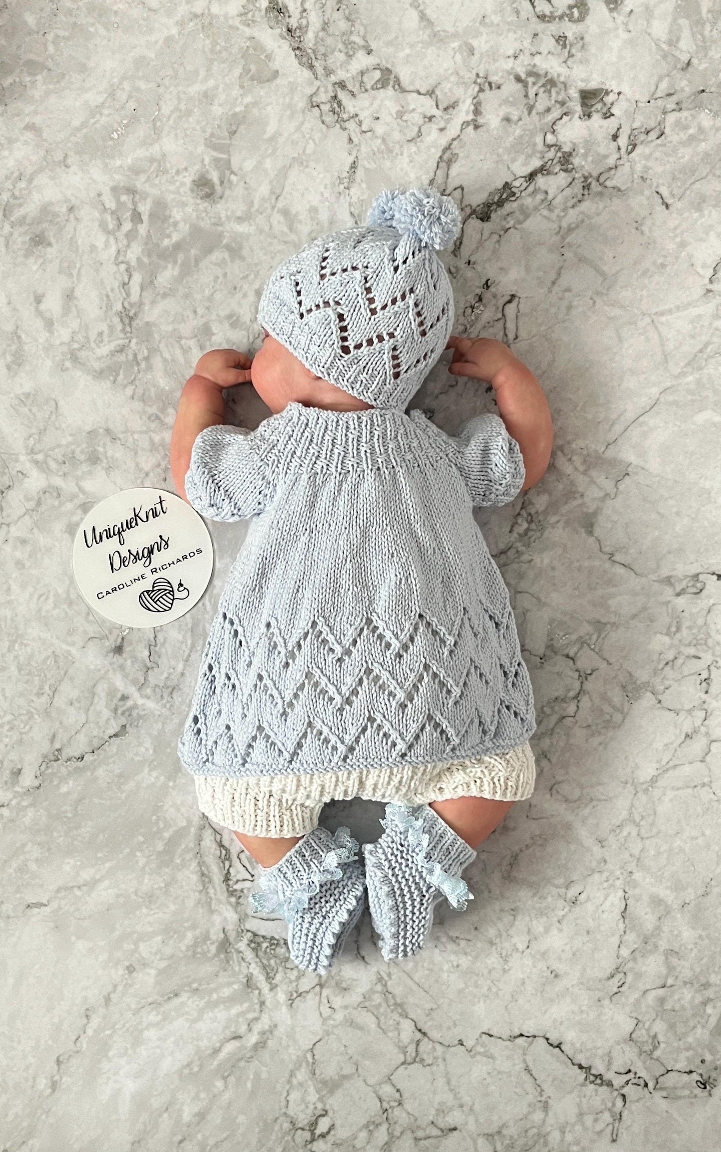 "Maggie” Multi-piece Knitting pattern for Reborn doll 16 -22” or 0-3 Month Old Baby