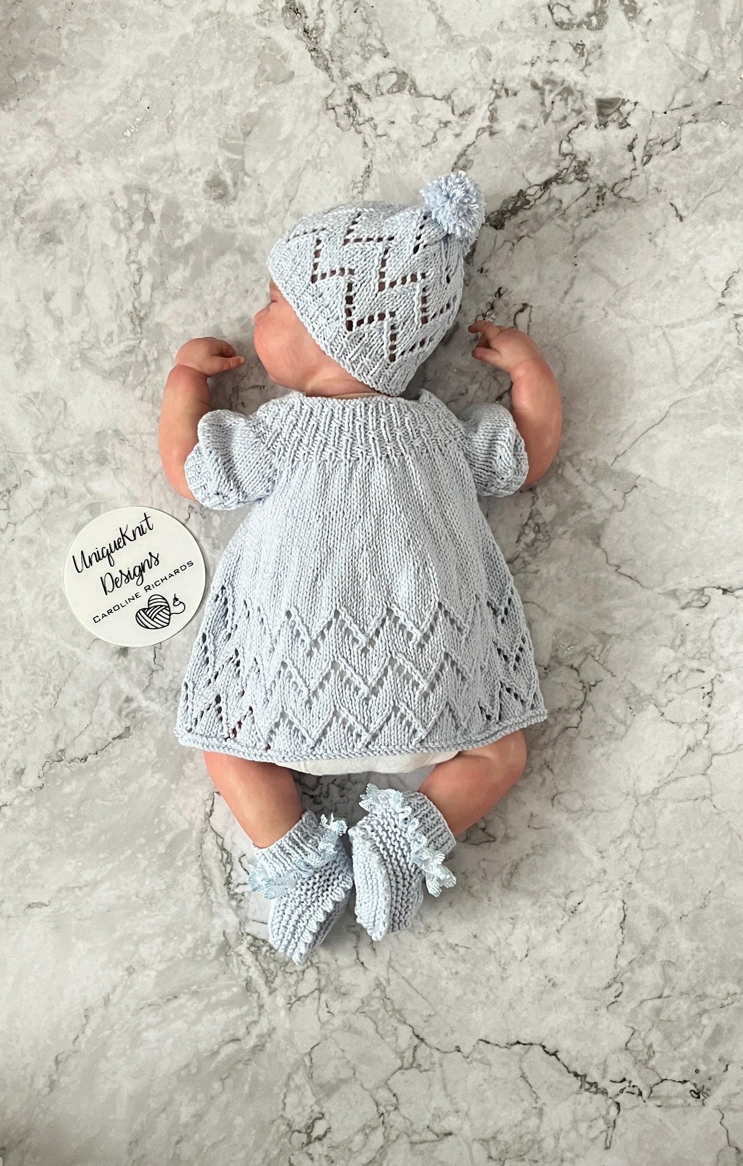 "Maggie” Multi-piece Knitting pattern for Reborn doll 16 -22” or 0-3 Month Old Baby