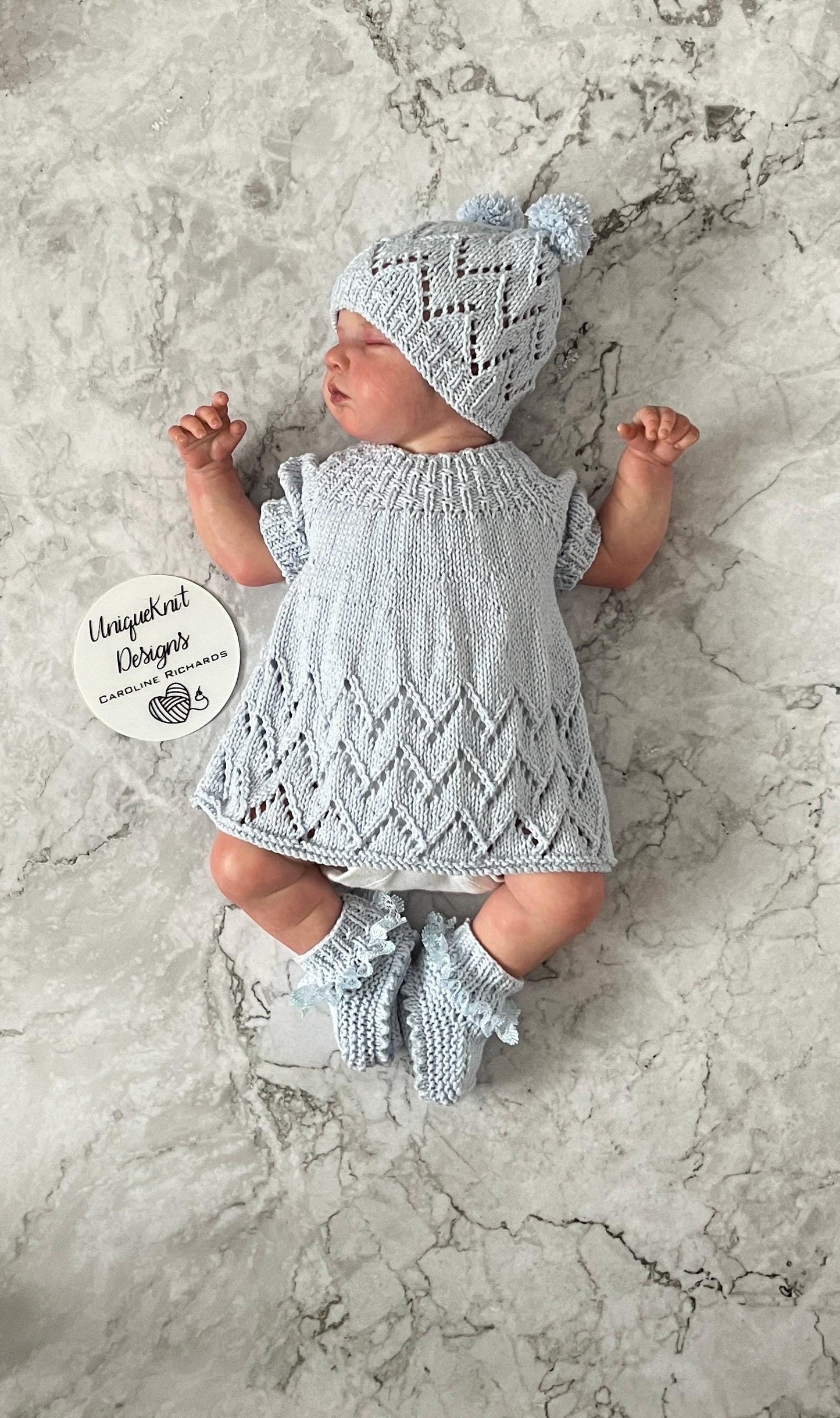 "Maggie” Multi-piece Knitting pattern for Reborn doll 16 -22” or 0-3 Month Old Baby