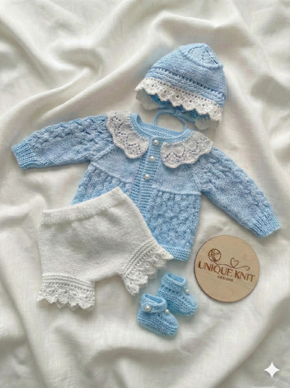 "Flower” Cardigan & Bloomers Knitting pattern set for Reborn doll 16 -22” or 0-3 Mth Old Baby