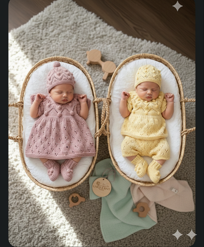 "Dewdrop” multi Piece Knitting pattern set for Reborn doll 16 -22” or 0-3 Month Old Baby