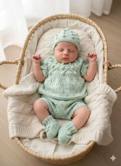 "Dewdrop” multi Piece Knitting pattern set for Reborn doll 16 -22” or 0-3 Month Old Baby