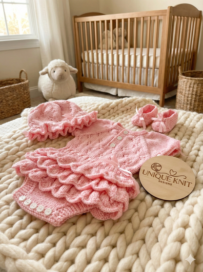 "Bouquet” Rah-Rah romper Knitting pattern for Reborn doll 16 -22” or 0-3 Mth Old Baby