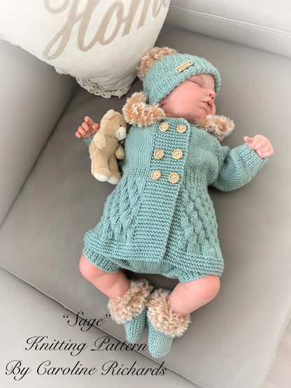 "Sage” 4 Piece Set Knitting pattern for Reborn doll 16-22” or 0-3 Mth Old Baby