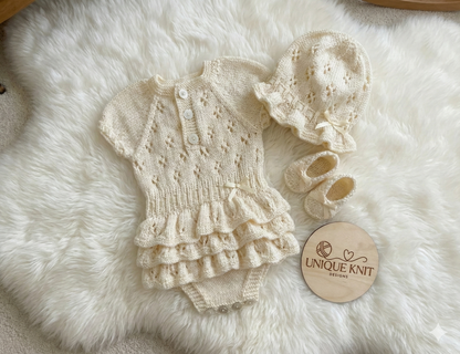"Bouquet” Rah-Rah romper Knitting pattern for Reborn doll 16 -22” or 0-3 Mth Old Baby