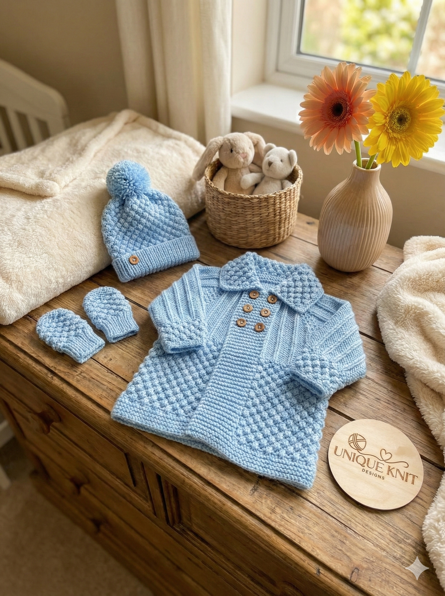 "Enchanted” 3 Piece Coat Set Knitting pattern for Reborn doll 16-22” or 0-3 Month Old Baby