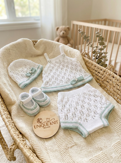 "Olive” 4 Piece Set Knitting pattern for Reborn doll 16-22” or 0-3 Month Old Baby